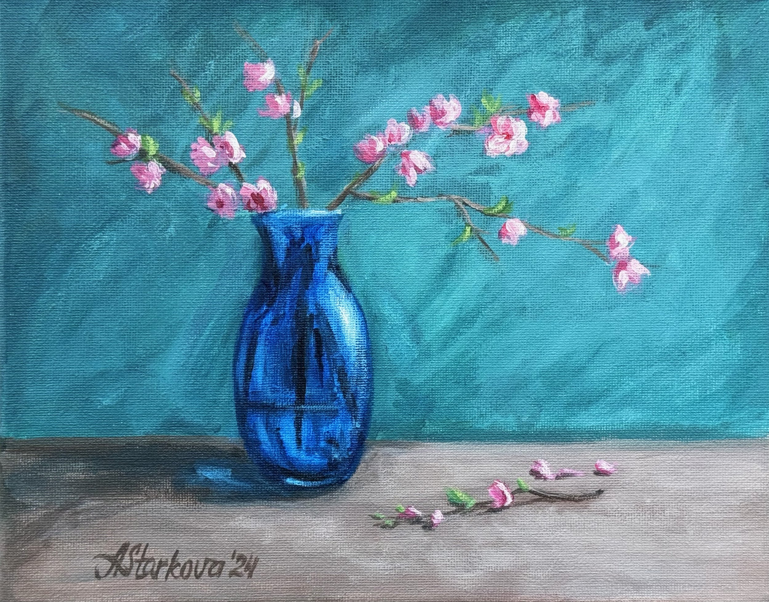 Painted image of pink cherry blossoms in a blue vase on a teal background, with some pink blossoms scattered on the surface.