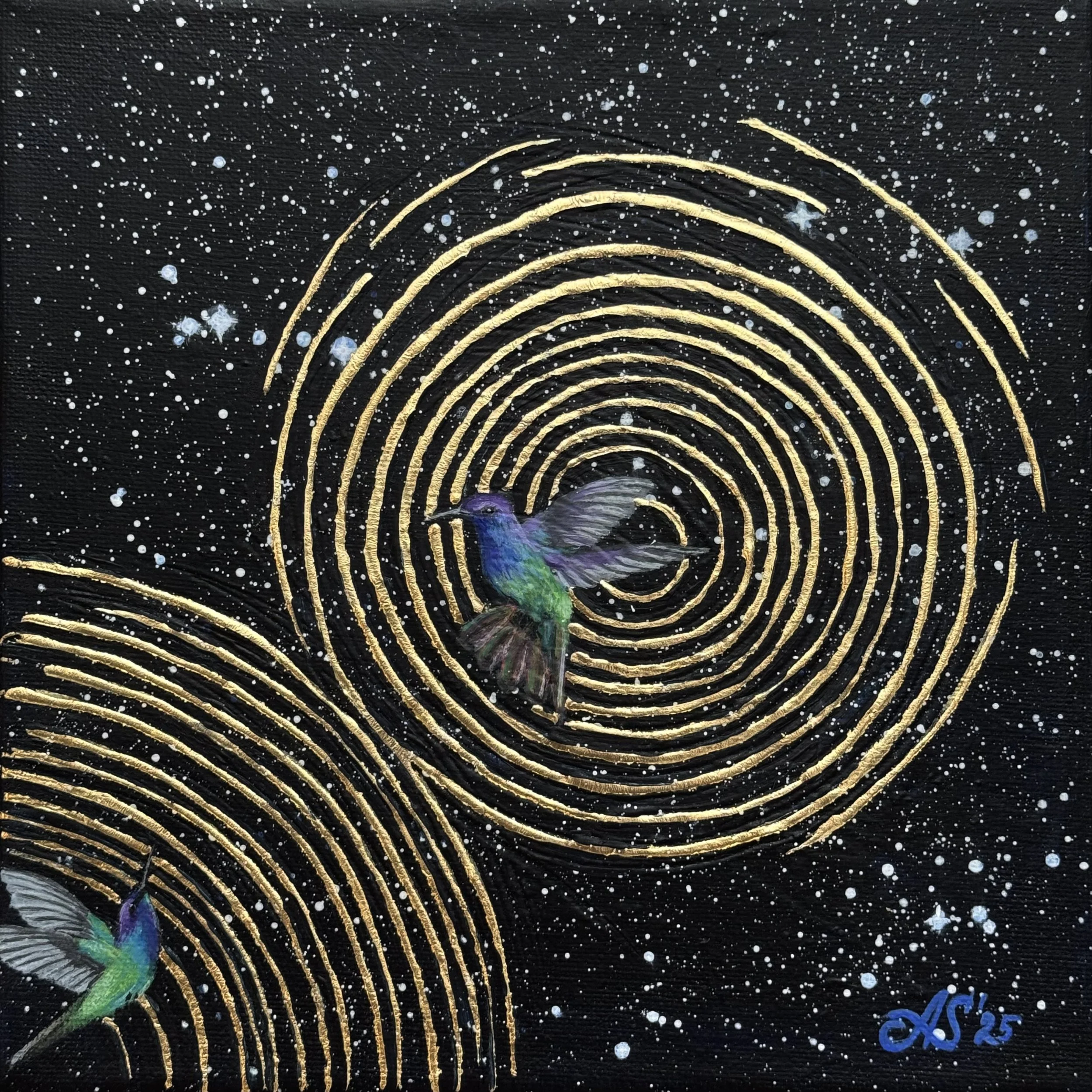 A cosmic painting featuring a hummingbird amid concentric gold circles on a black background, with white speckles resembling stars.