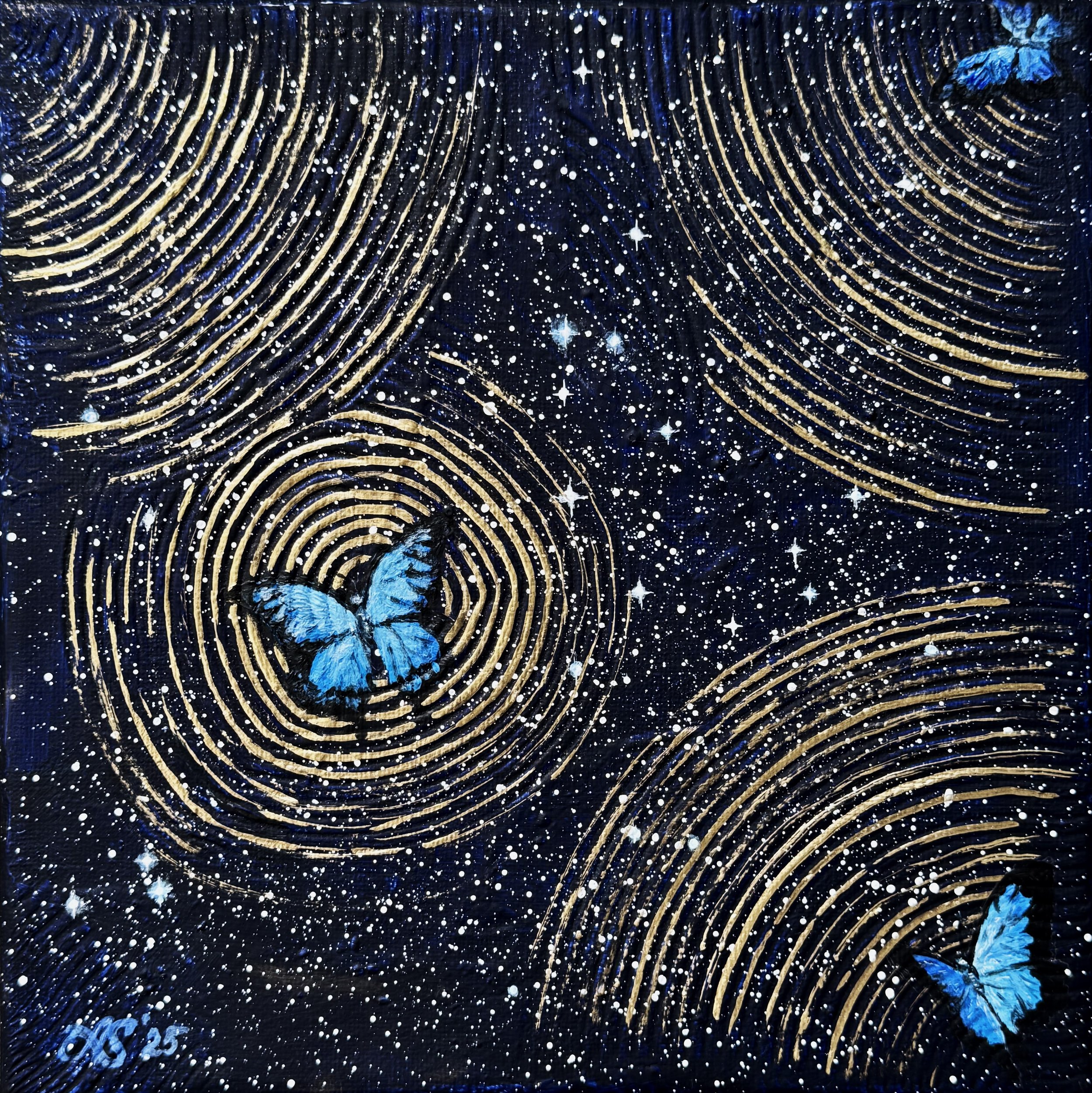 A cosmic painting of a blue butterfly rests on a dark background with swirling golden lines and white star specks, resembling a starry night sky.