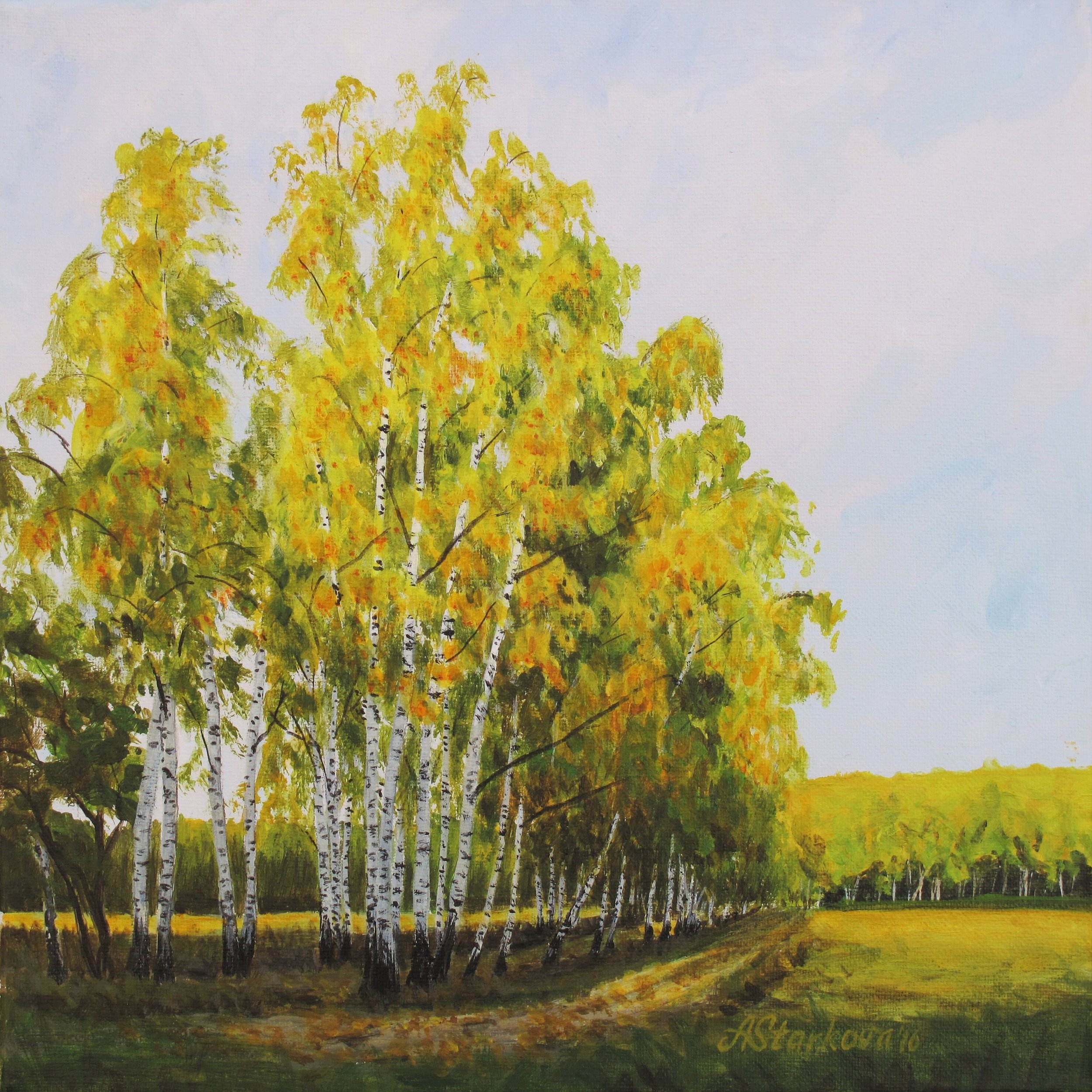 A painting of a cluster of birch trees with yellow, green, and orange leaves against a partially cloudy sky during early Fall or Autumn.