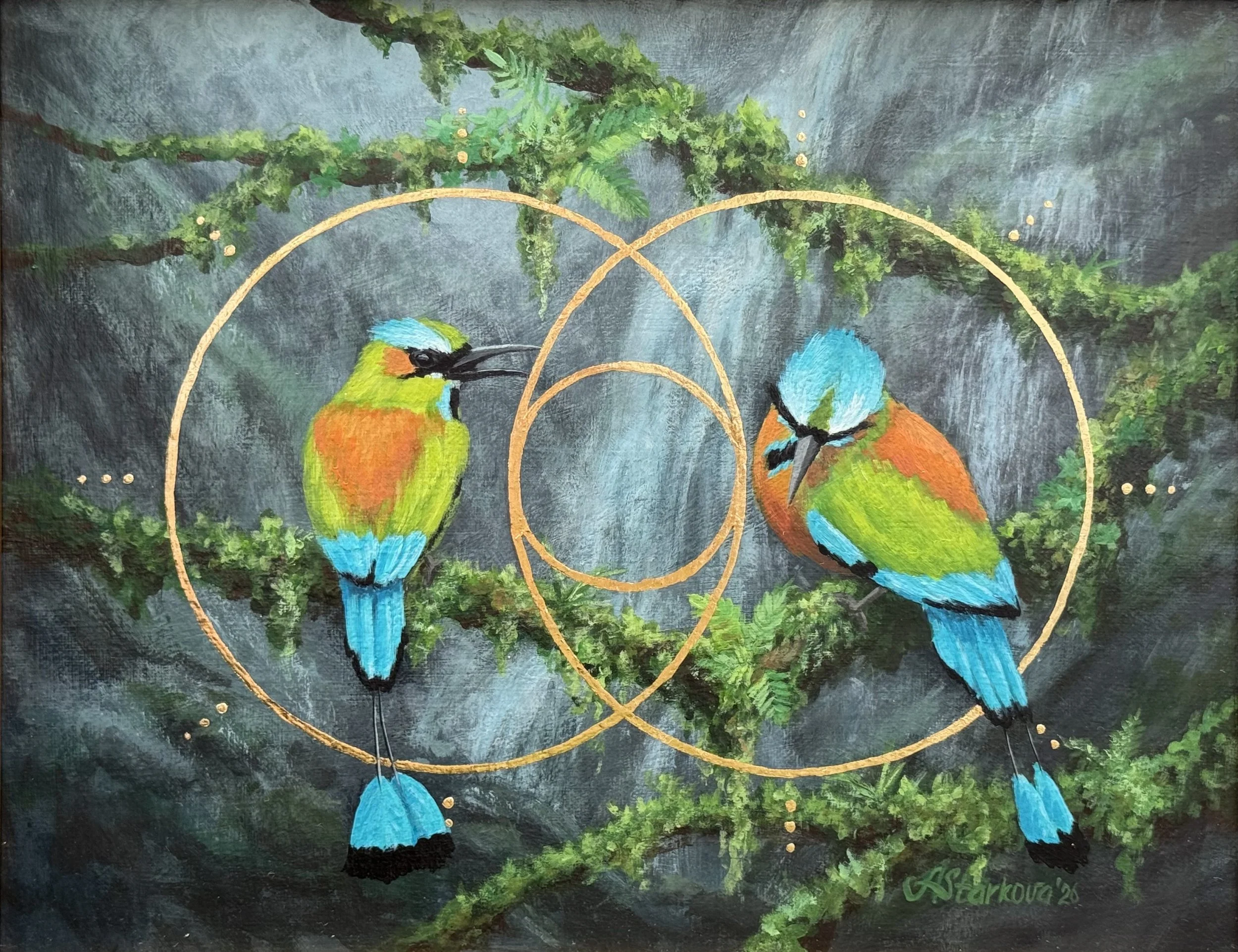Painting of two colorful birds motmots perched on a branch with wet rock and waterfall in the background, featuring golden geometric circles around the birds in the symbol of vesica piscis.