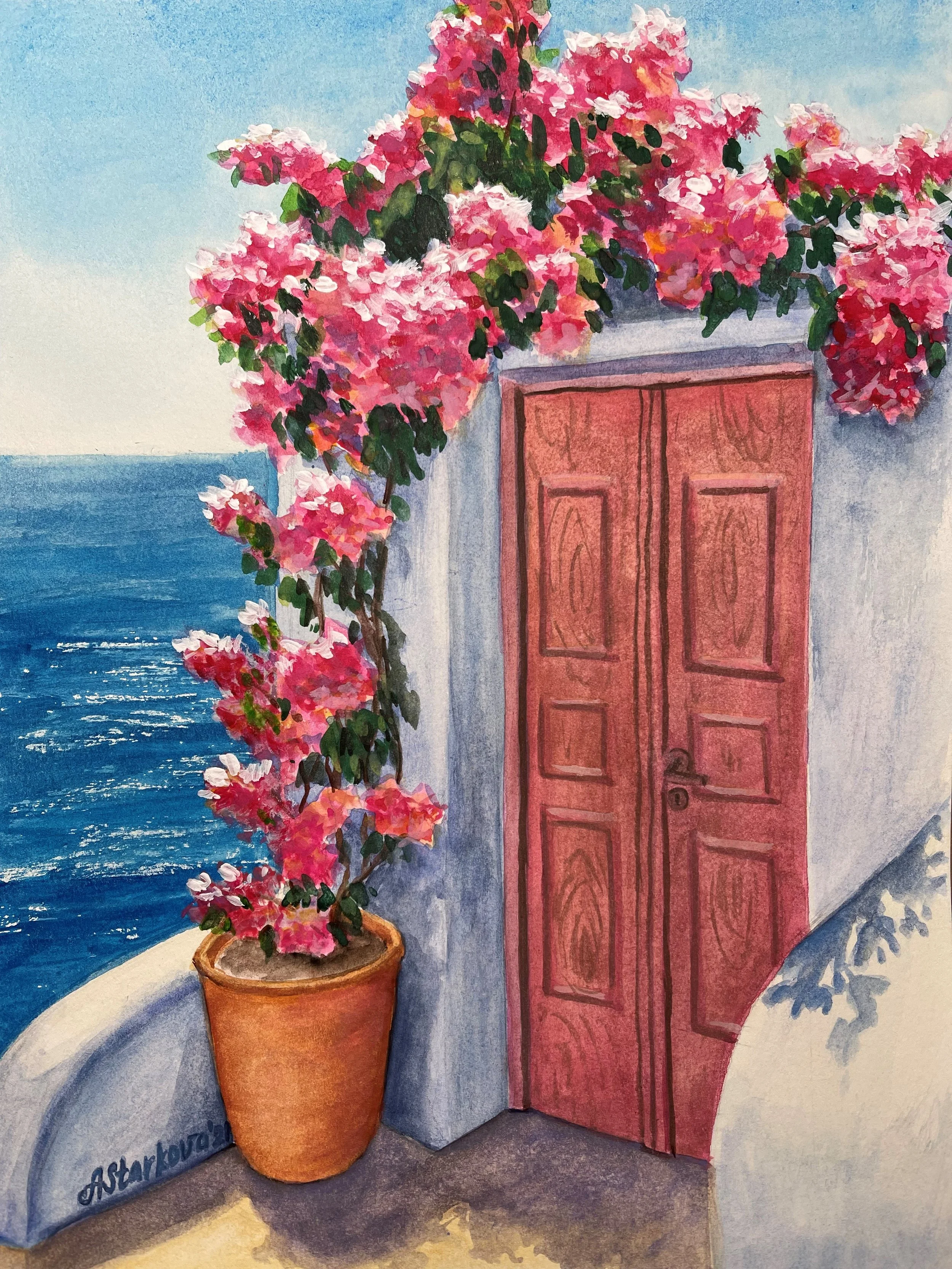 A potted pink flower plant next to a red wooden door on a blue and white building exterior, reminding of Greek small town by the sea.