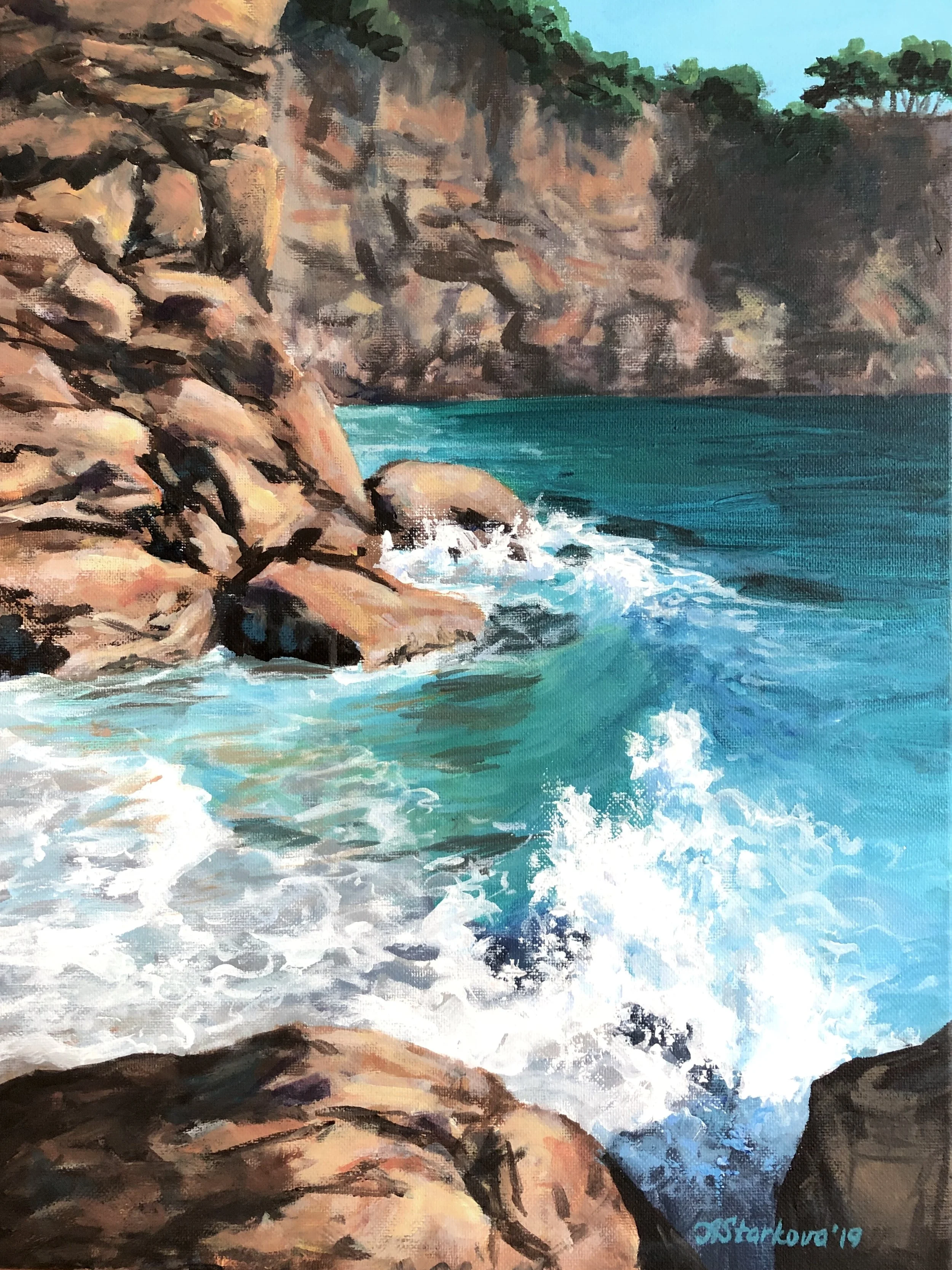 A painting of a rocky coastline with waves crashing against large rocks. In the background, there is a cliff with green trees and a clear sky.