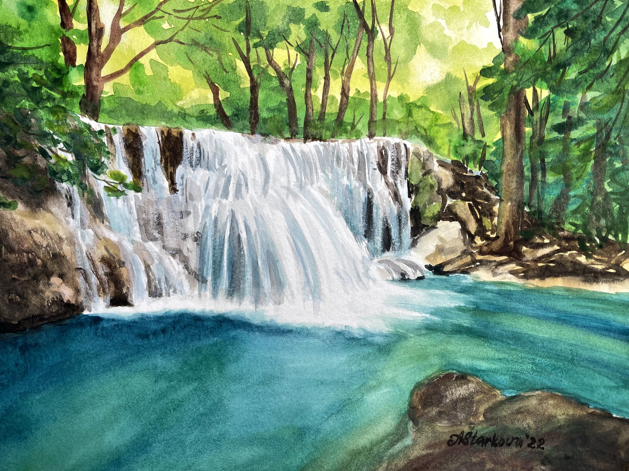 A watercolor painting of a waterfall cascading over rocks into a turquoise lake surrounded by green trees and foliage in a forest setting.