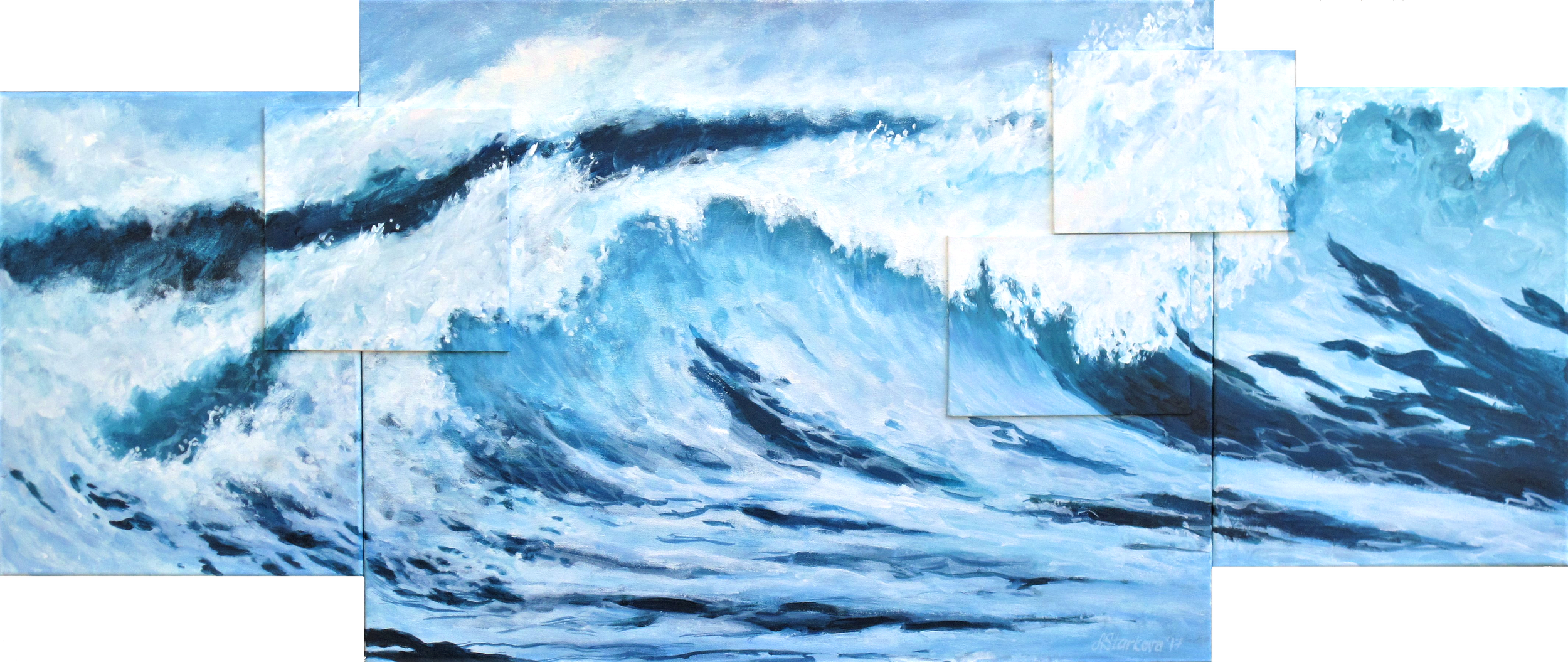 A multi-canvas painting of large ocean waves crashing, with shades of blue and white.