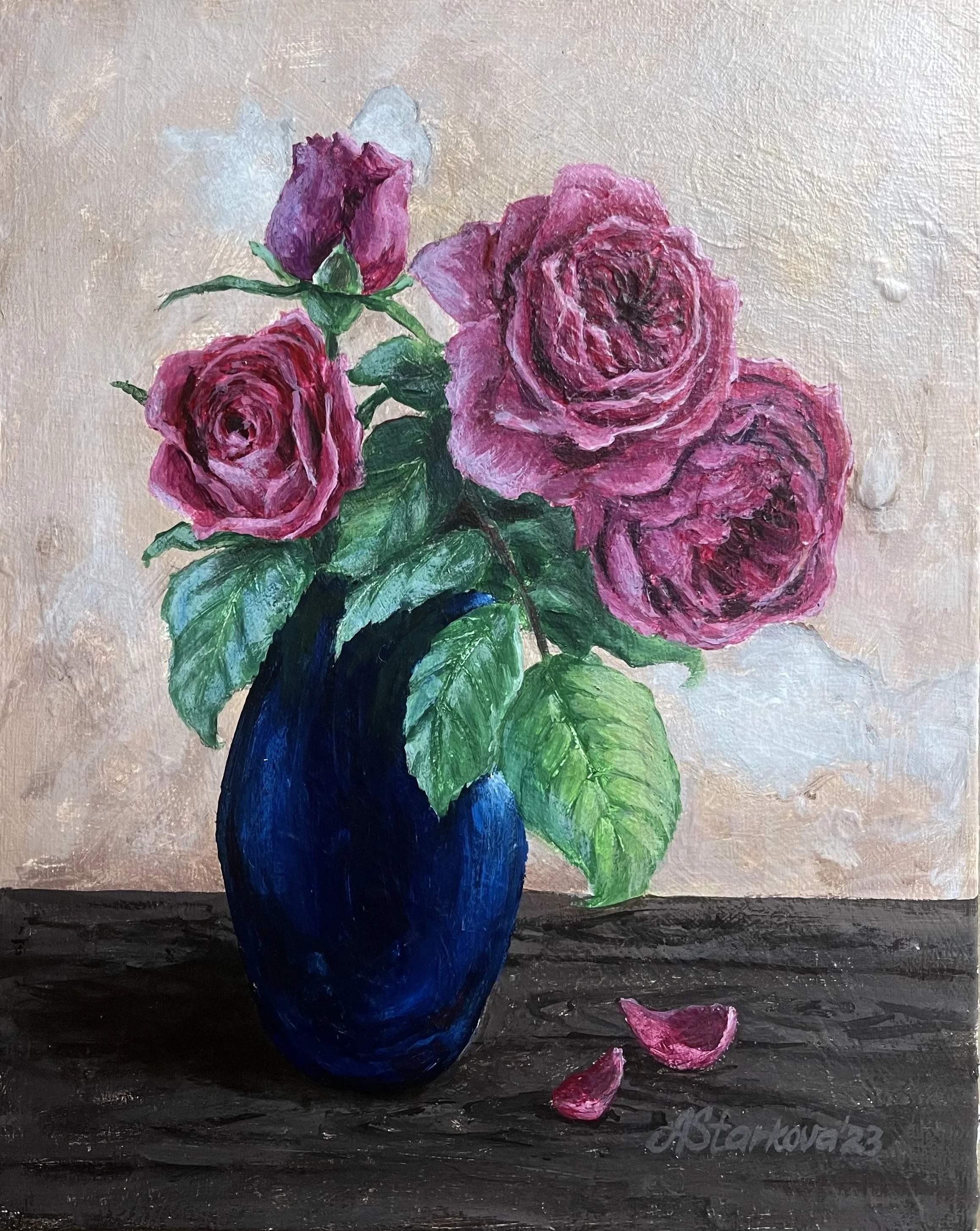 A painting of a bouquet of pink and purple roses in a dark blue vase on a dark table, with some fallen rose petals.