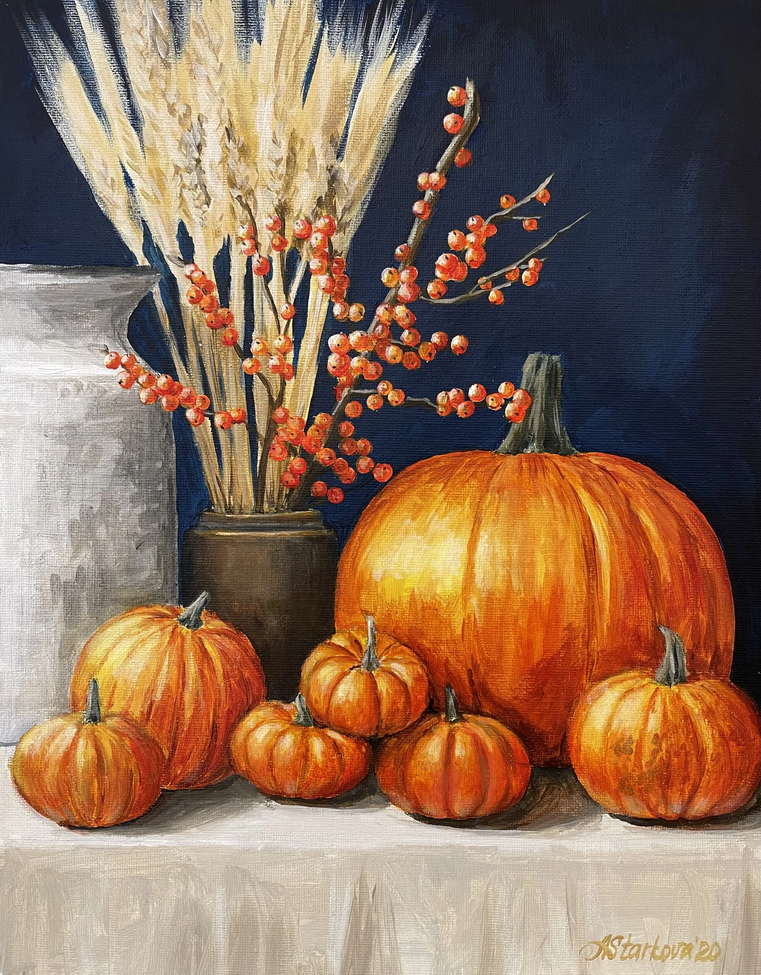 A still life painting of several pumpkins arranged on a table, with a vase of dried wheat and red berries behind them. The background is dark blue.