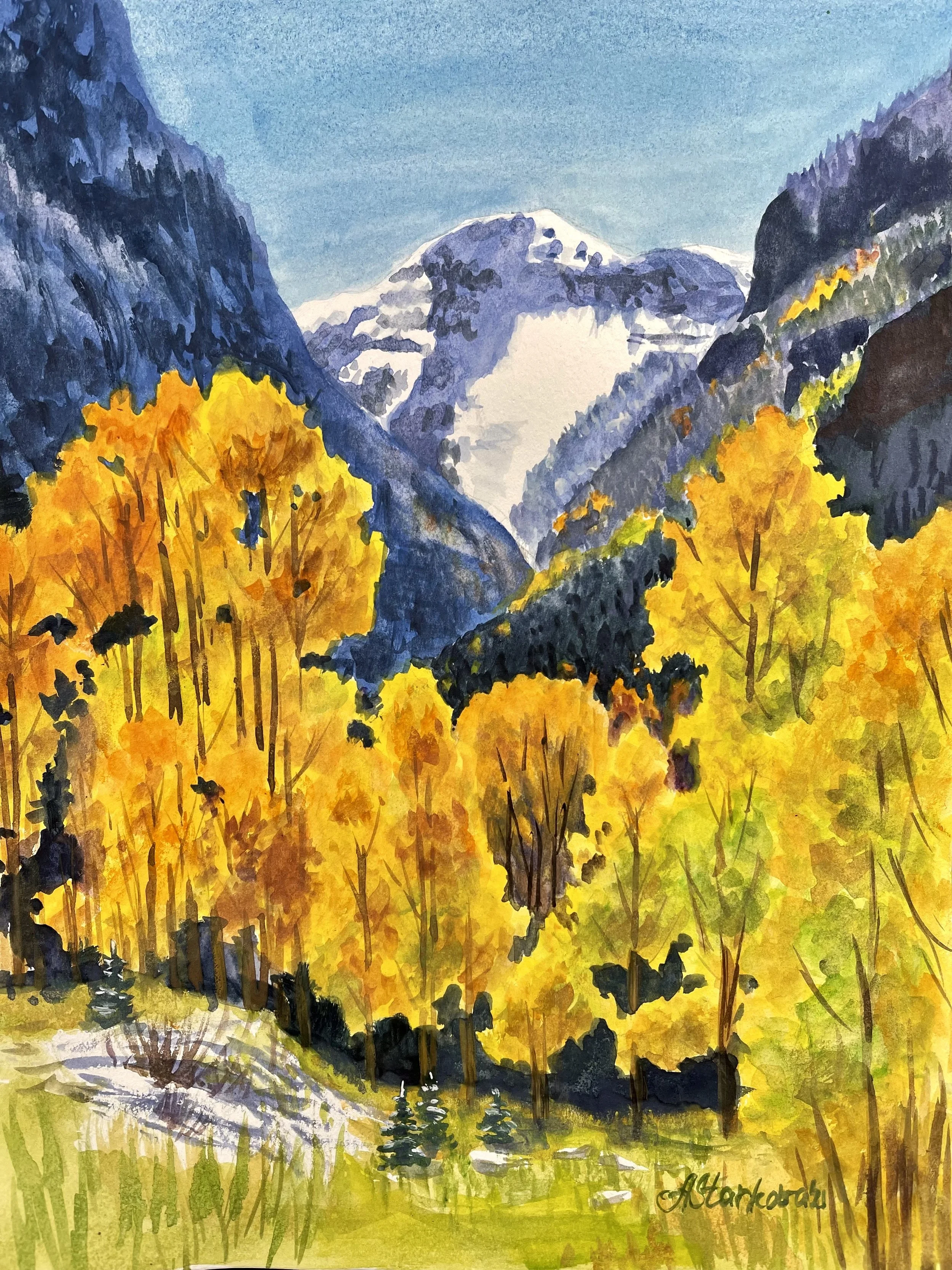 Watercolor painting of a mountain landscape with snow-capped peaks, green and yellow trees in the foreground, and a bright blue sky.