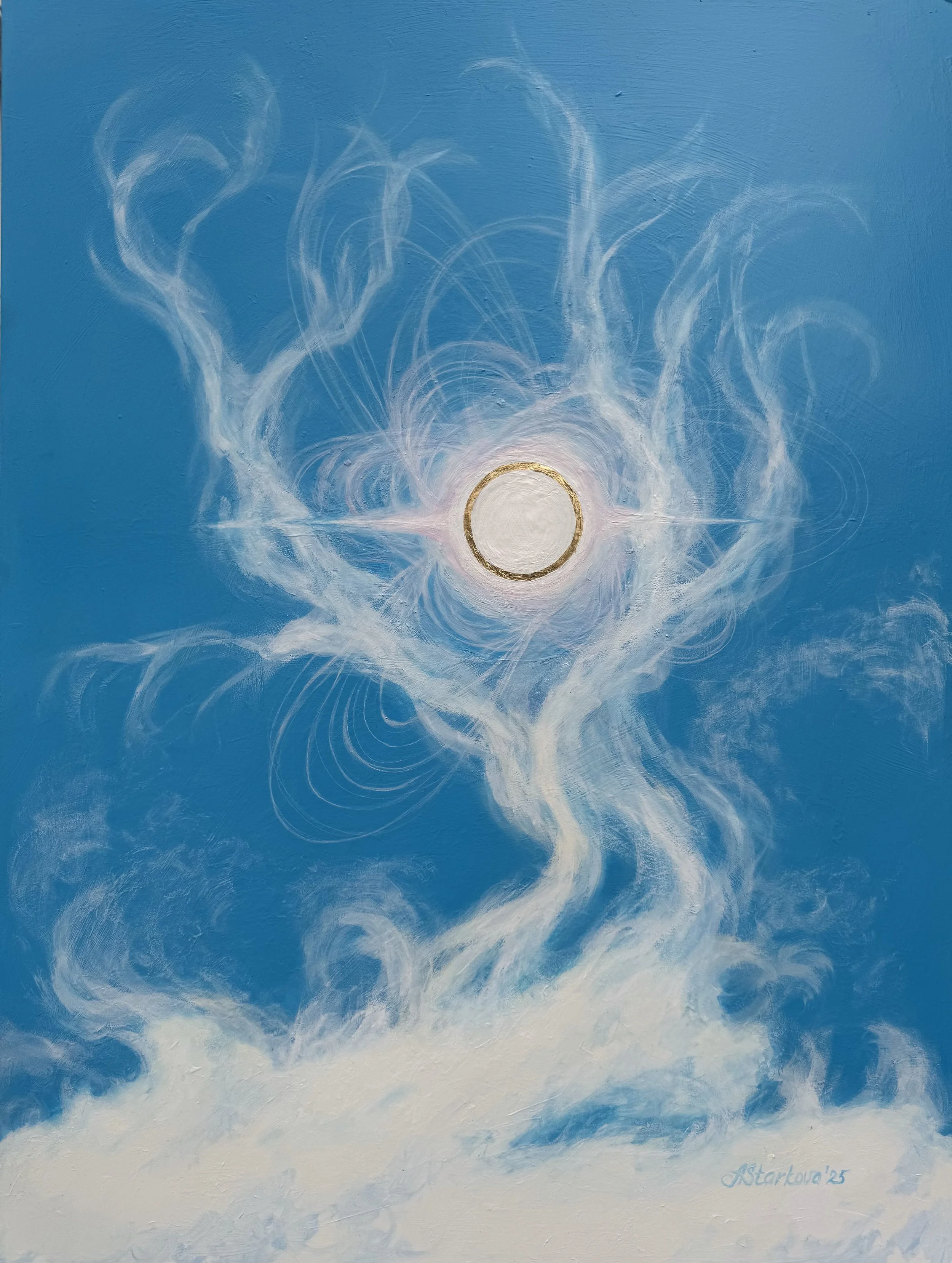 Abstract painting of a white cloud tree with a gold circle that is a symbol, that may have mystical, spiritual meaning. There is a bright blue sky.