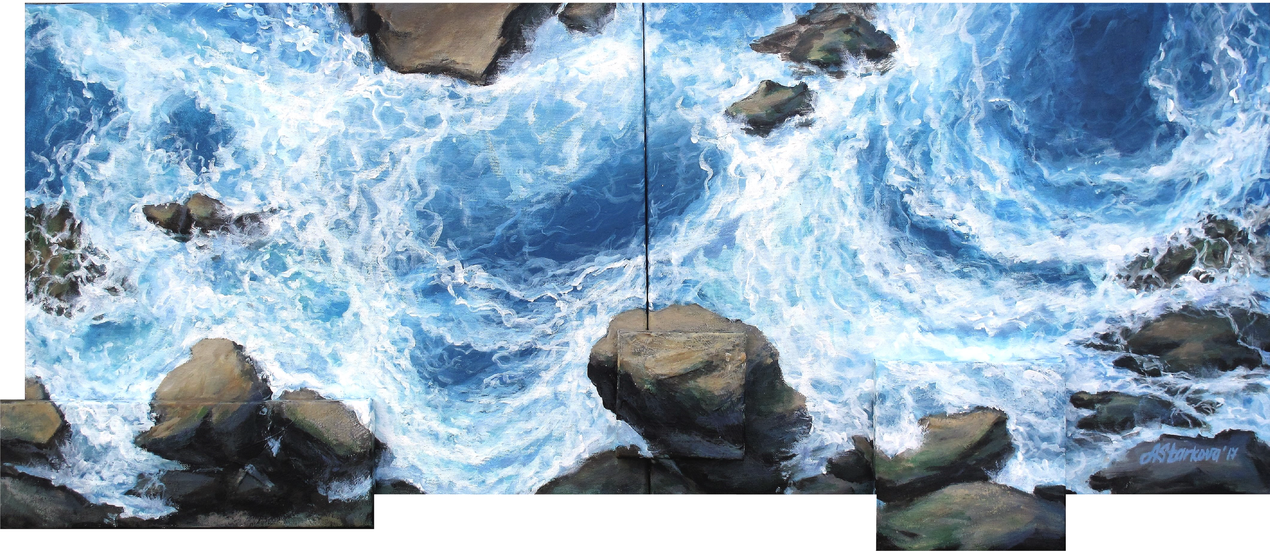 Multi-canvas painting of ocean waves crashing against rocks, view from above.