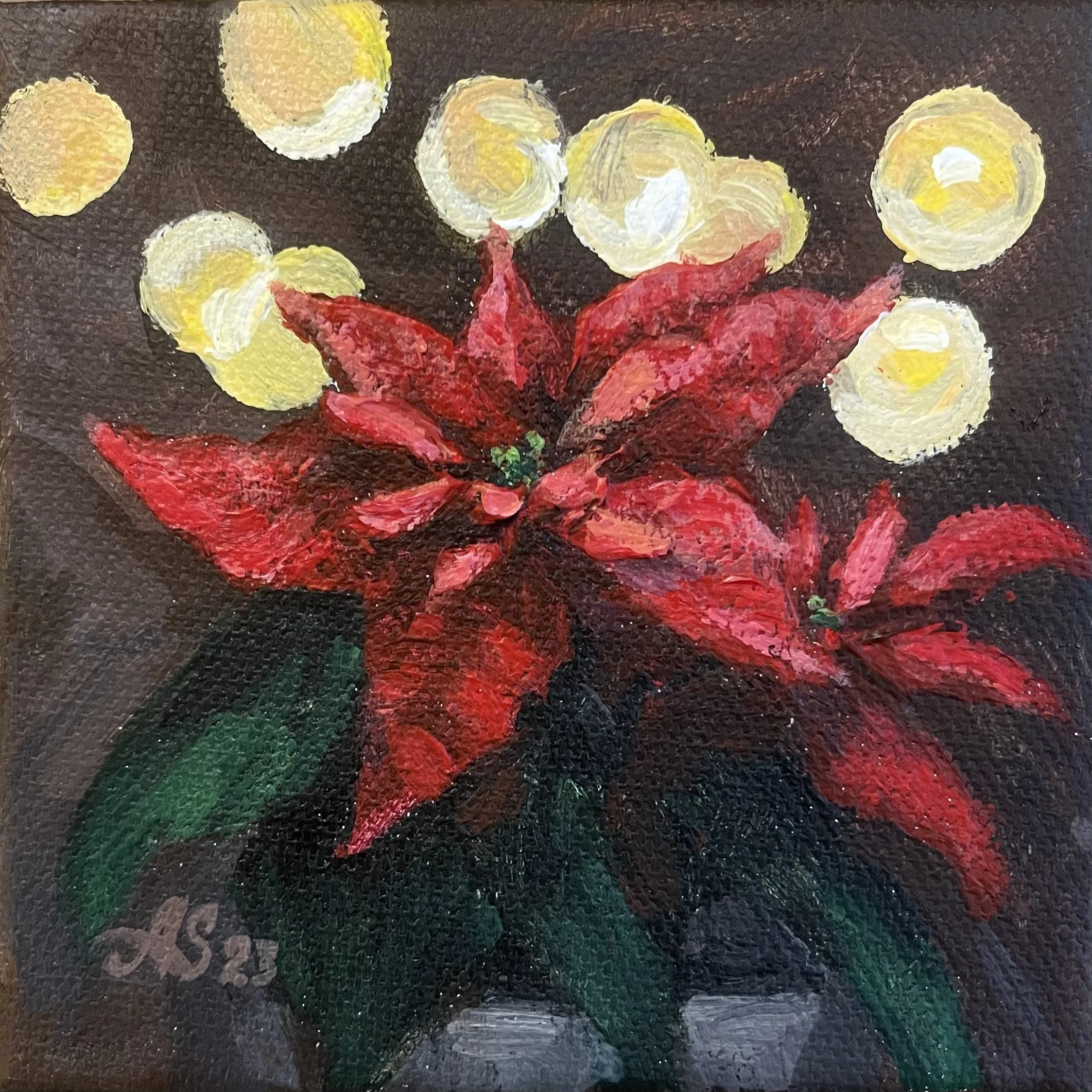 An abstract painting of a flower with red petals, yellow centers, and green leaves against a dark background.