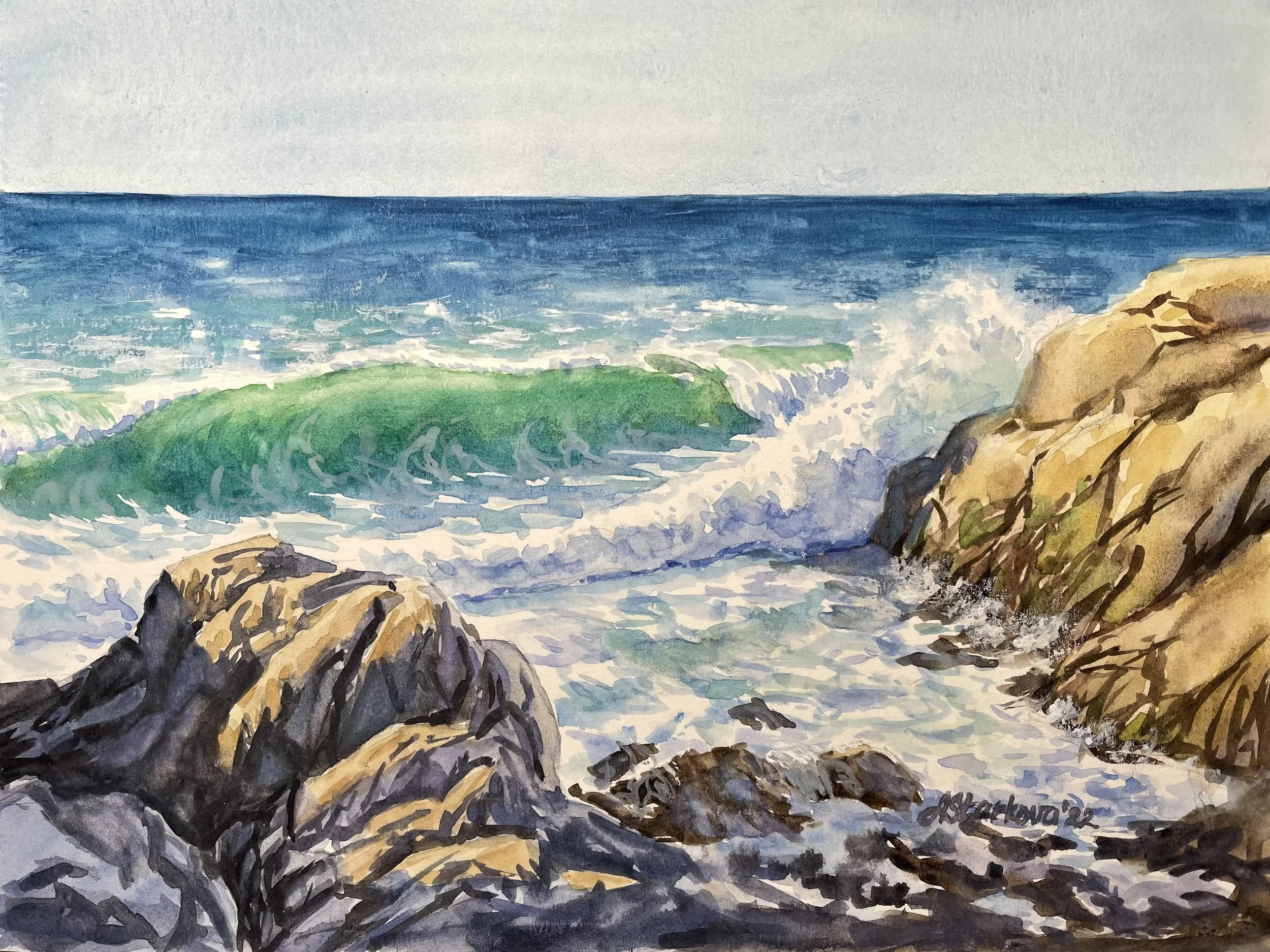 Watercolor painting of ocean waves crashing against rocks on a coastline, with a cloudy sky in the background.