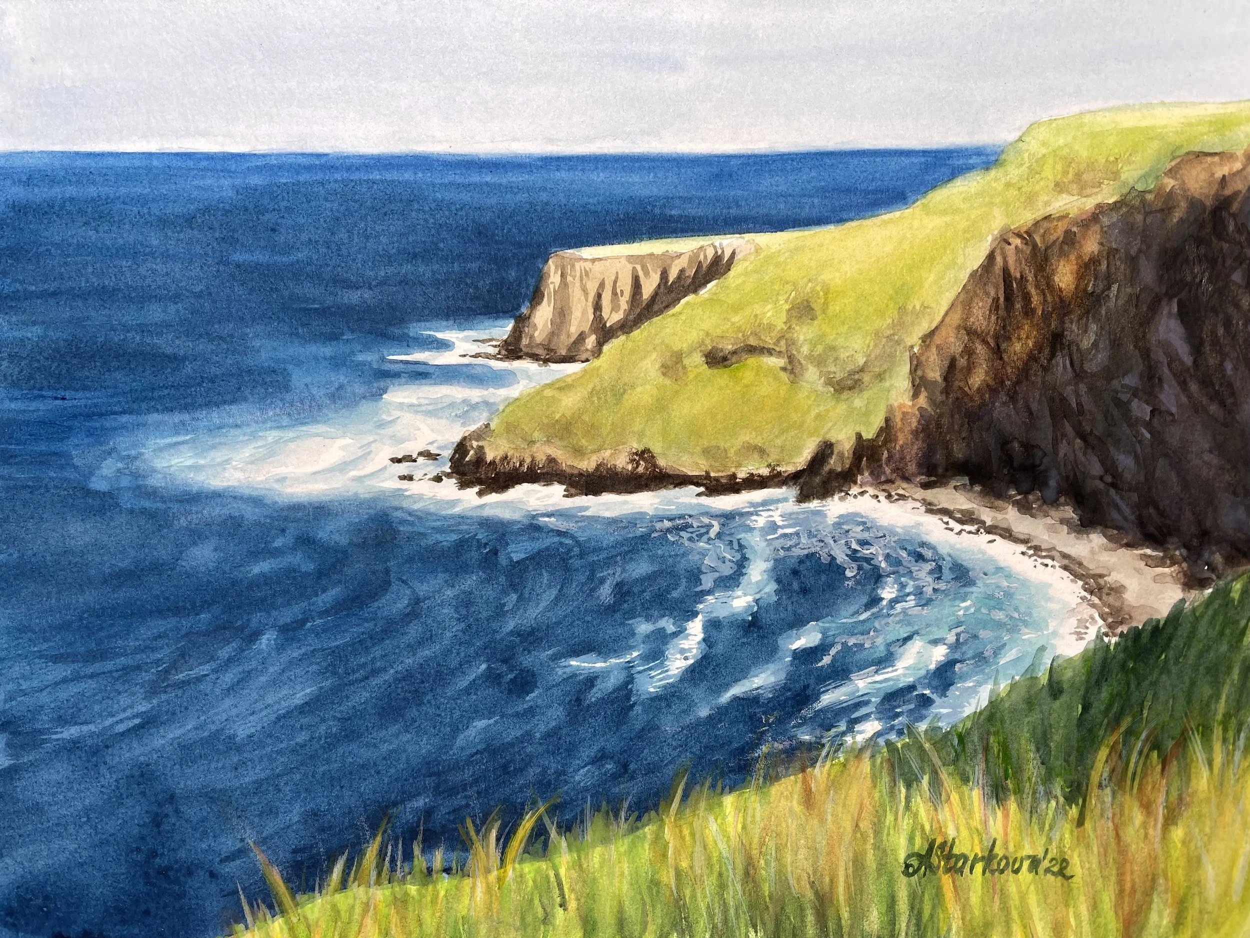 A watercolor painting of a coastal scene with green grassy cliffs, dark rocky edges, and blue ocean waves crashing against the shore under a cloudy sky.