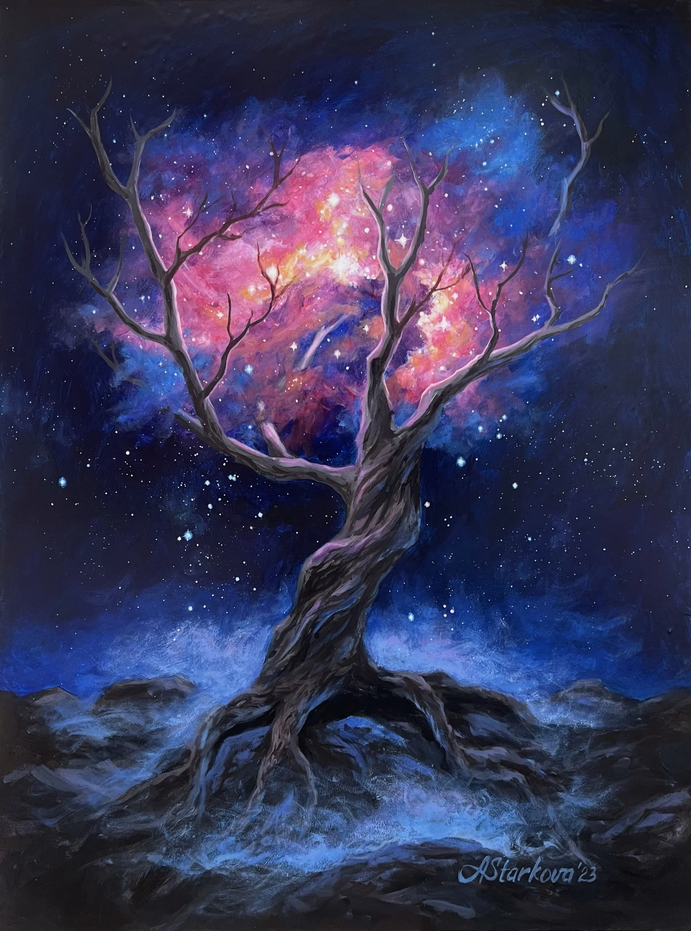 A painting of a leafless tree with twisting branches in the foreground and a colorful galaxy background with stars and nebulae in shades of pink, purple, blue, and black among the branches.