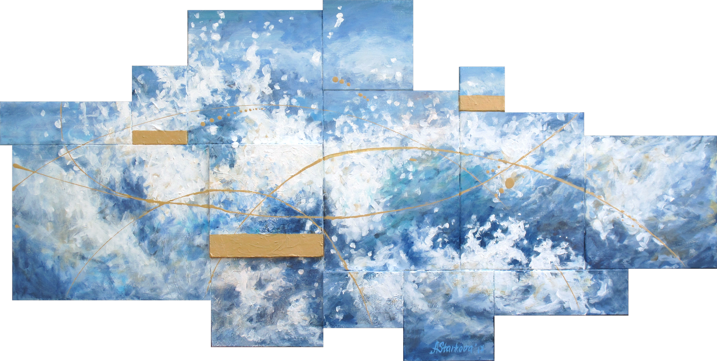 Abstract painting with swirling blue and white colors for crashing waves, gold lines, and rectangular accents, created on multiple canvases.