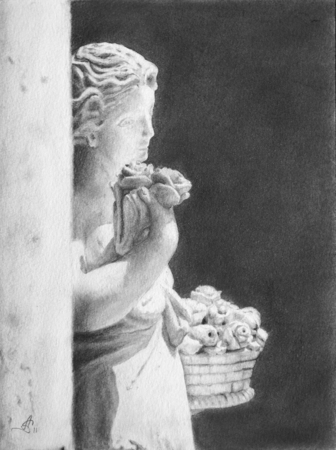 A pencil drawing of a female statue with flowing hair holding a flower, with a basket of roses in her other hand.