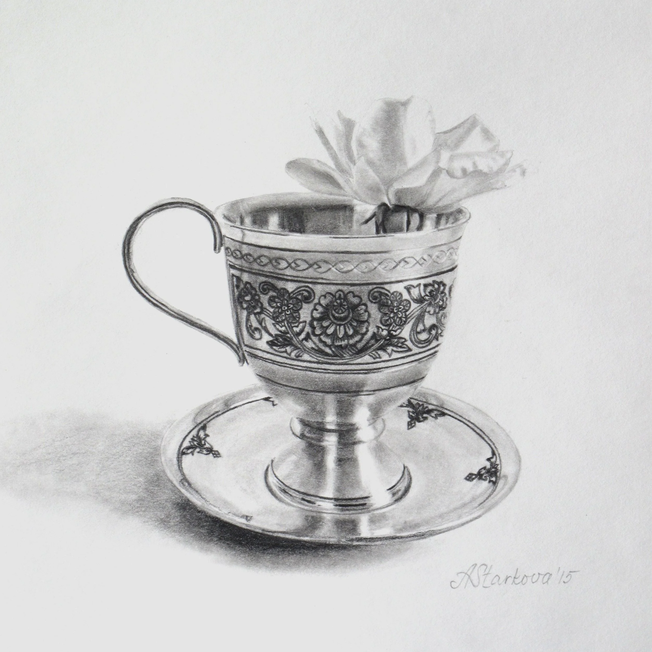 A detailed pencil sketch of a silver cup filled with a large rose in it. The cup has intricate floral patterns and design engraving. 