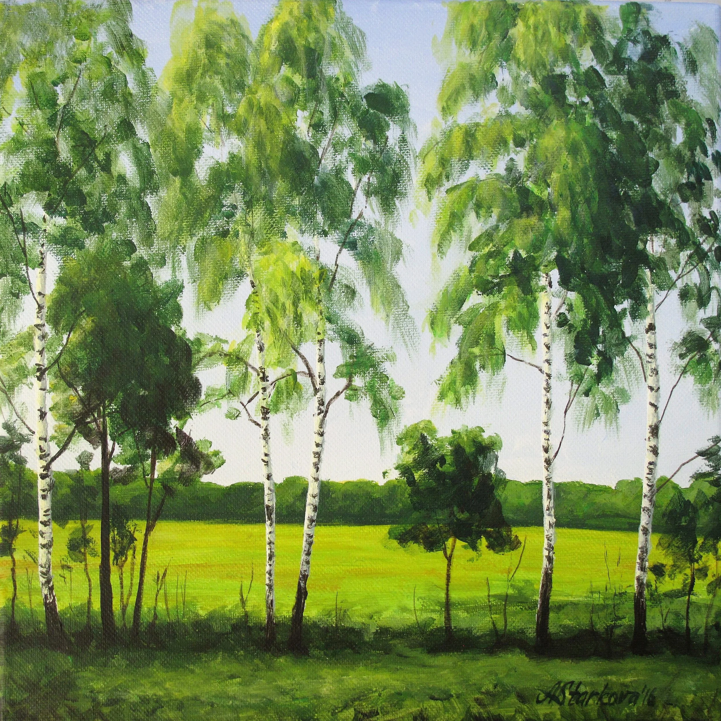 A painted landscape scene with a row of white-barked birch trees across a green grassy field, with a blue sky in the background.