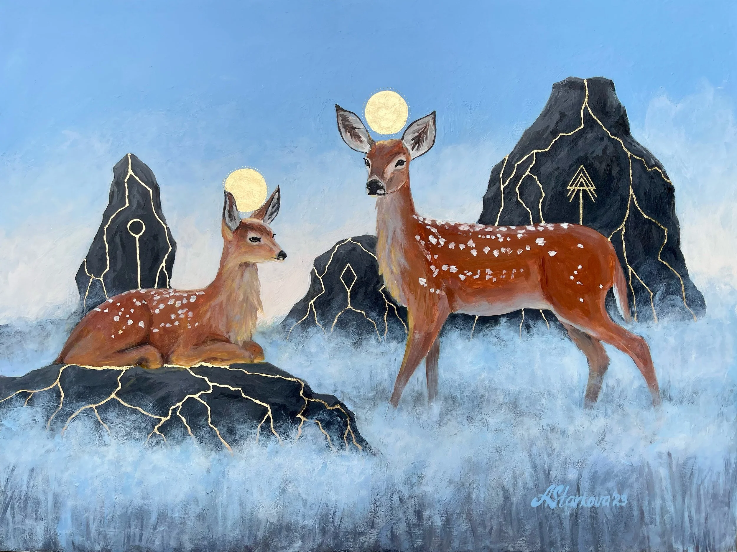 A painting of two deer spirits standing on rocky terrain with a light blue background. The rocks have gold outlining, it is foggy at the dawn.