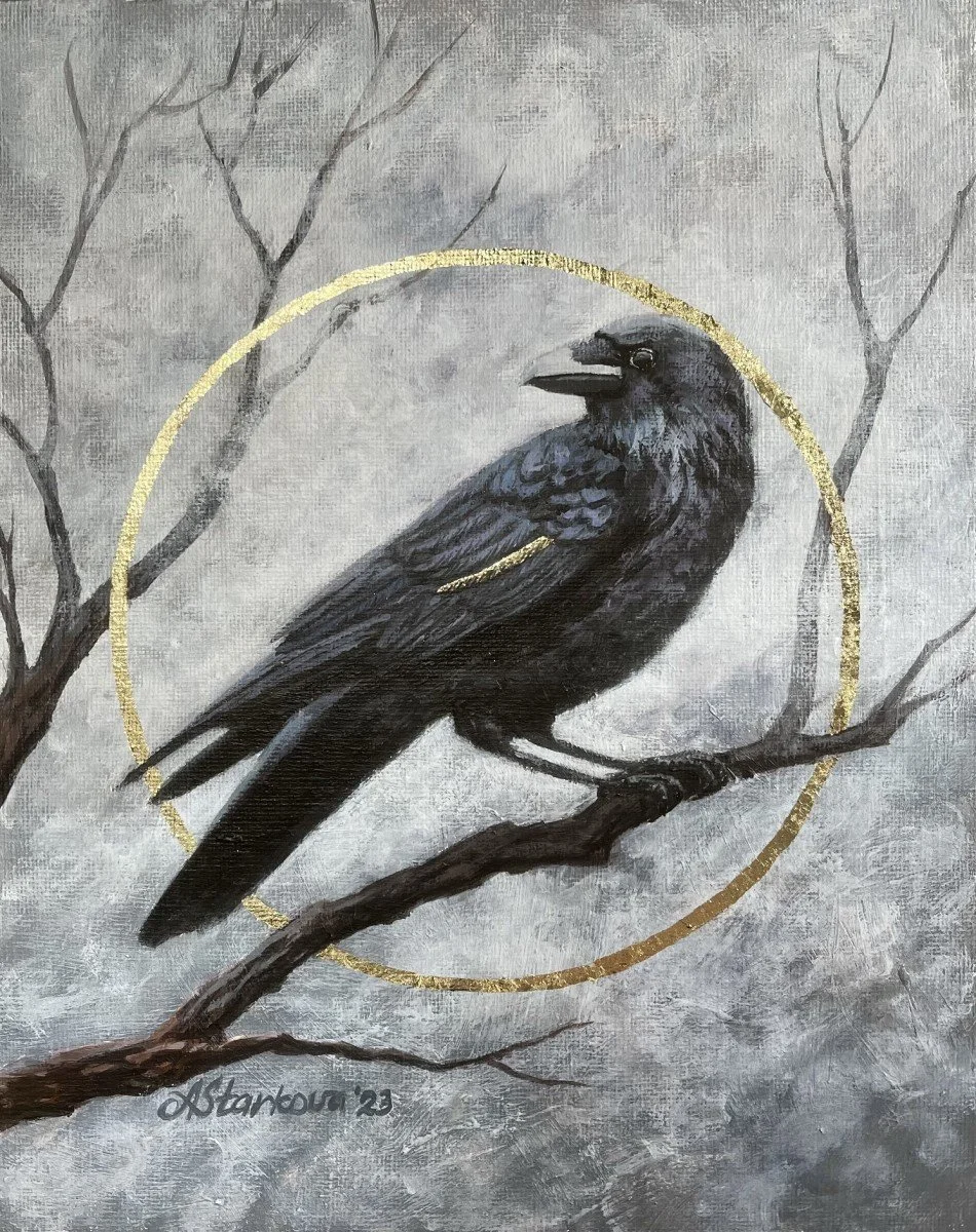 A painting of a black crow perched on a branch with a gold circle in the background.