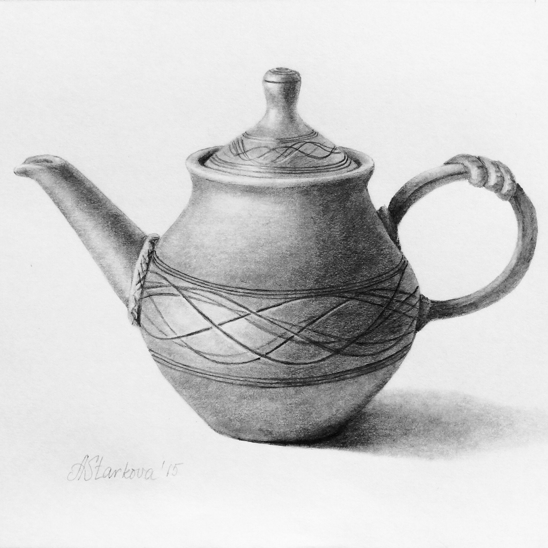 A detailed black-and-white drawing of a teapot with a patterned lid and a curved handle, created with shading techniques to give it depth.