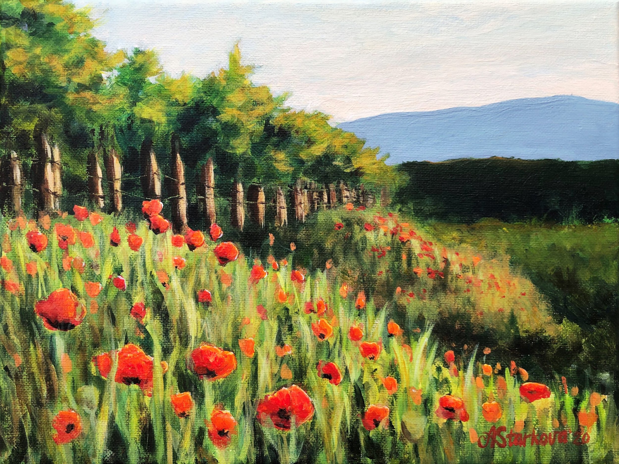 A painting of a landscape with a vineyard, green trees, red poppies in the foreground, distant mountains in the background, and a cloudy sky.
