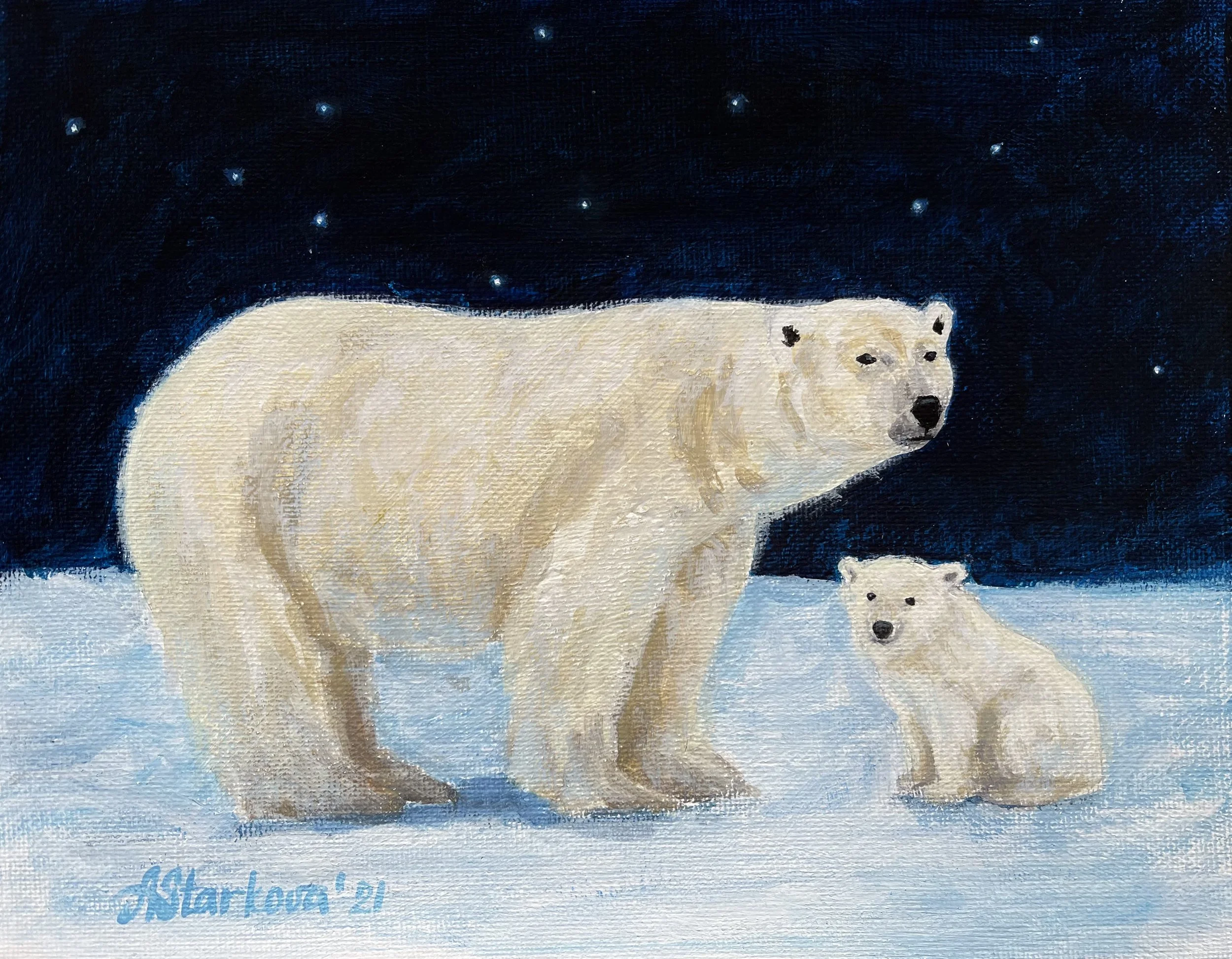 A painting of a white polar bear with a cub on snow under a dark, starry night sky.