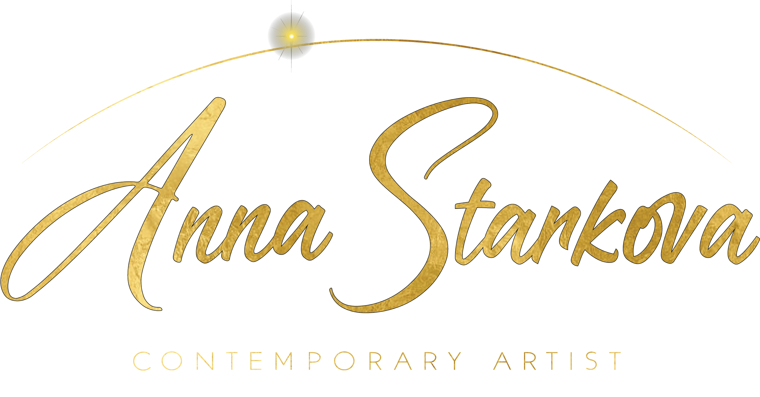 A logo with the text "Anna Starkova" in gold cursive font, with a small light blue and yellow icon above it, and the words "Contemporary Artist" underneath in a different font.