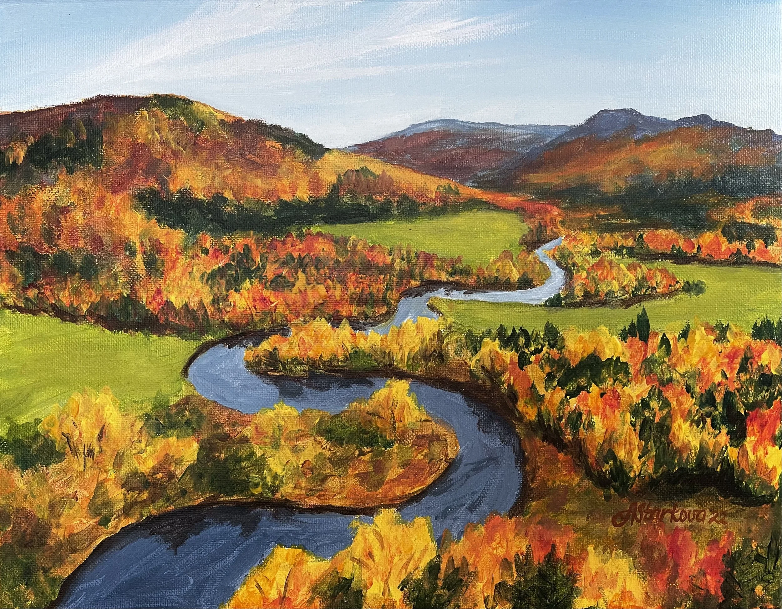 A colorful landscape painting of mountains, trees with autumn leaves, a river, and a bright blue sky.