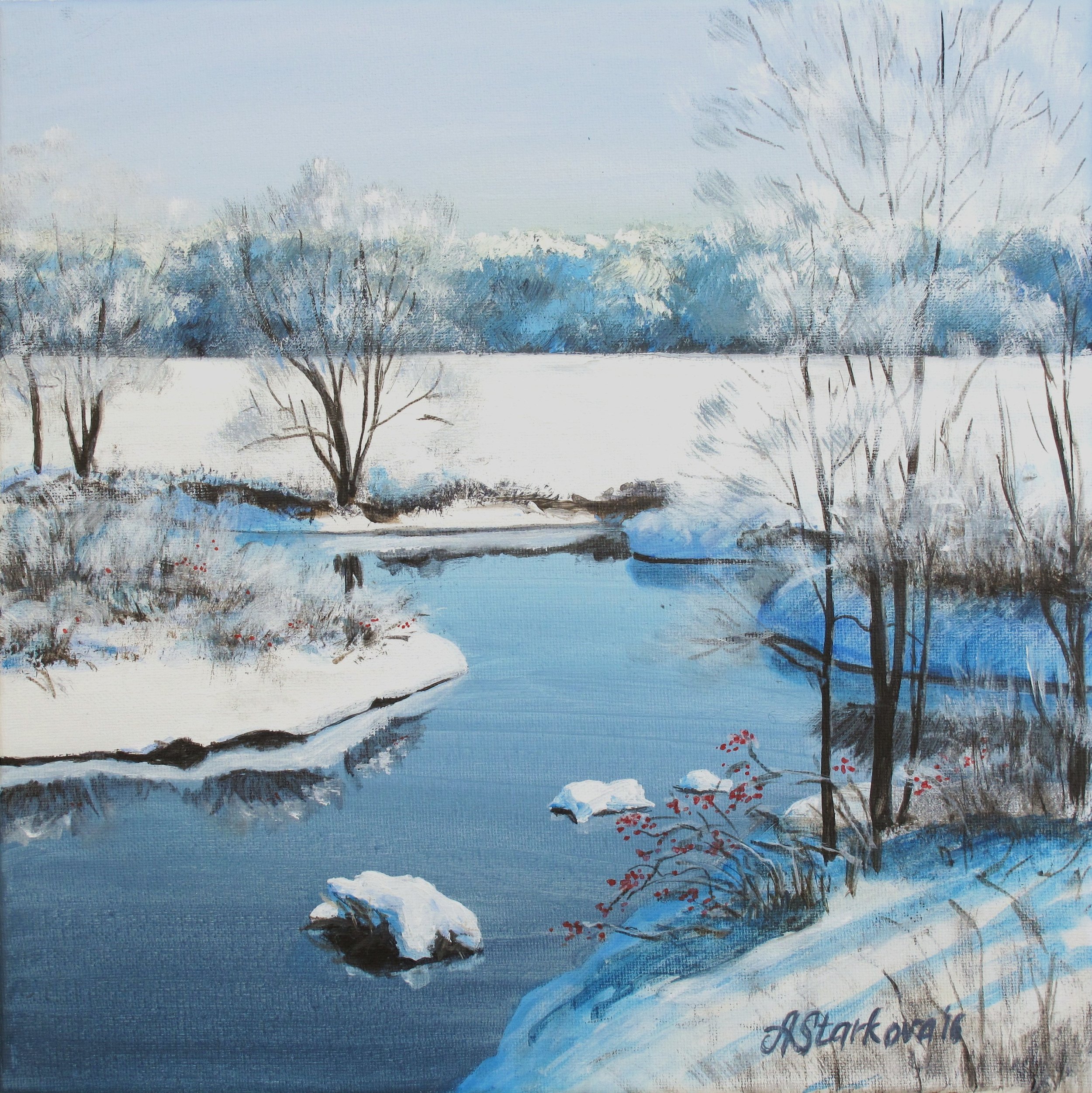 A winter landscape painting featuring snow-covered ground and leafless trees, with cloudy sky and a river that is under the ice.