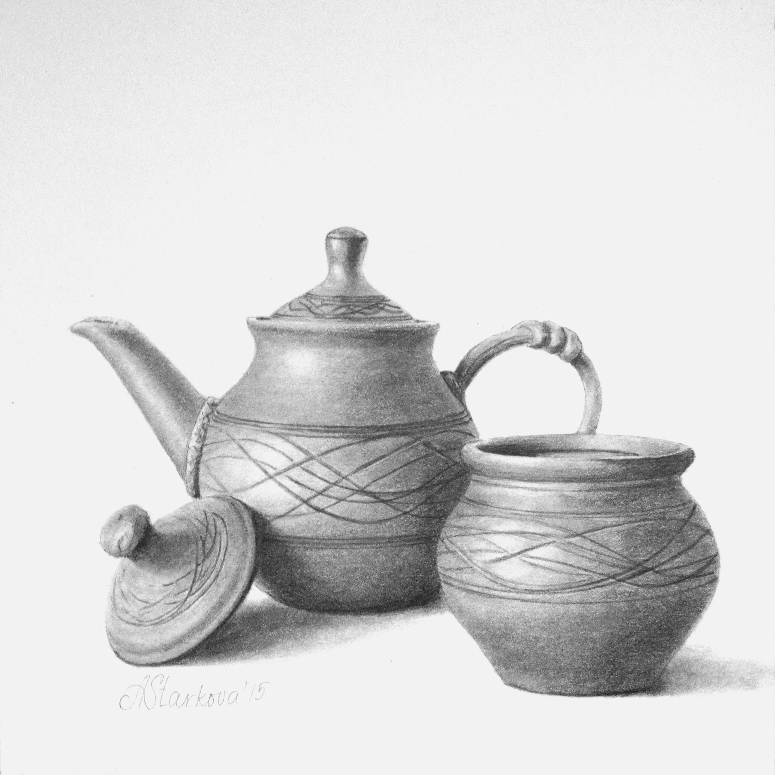 A black and white pencil sketch of a teapot with a rounded body, a curved spout, and a handle on the right side, and a pot of the same design.