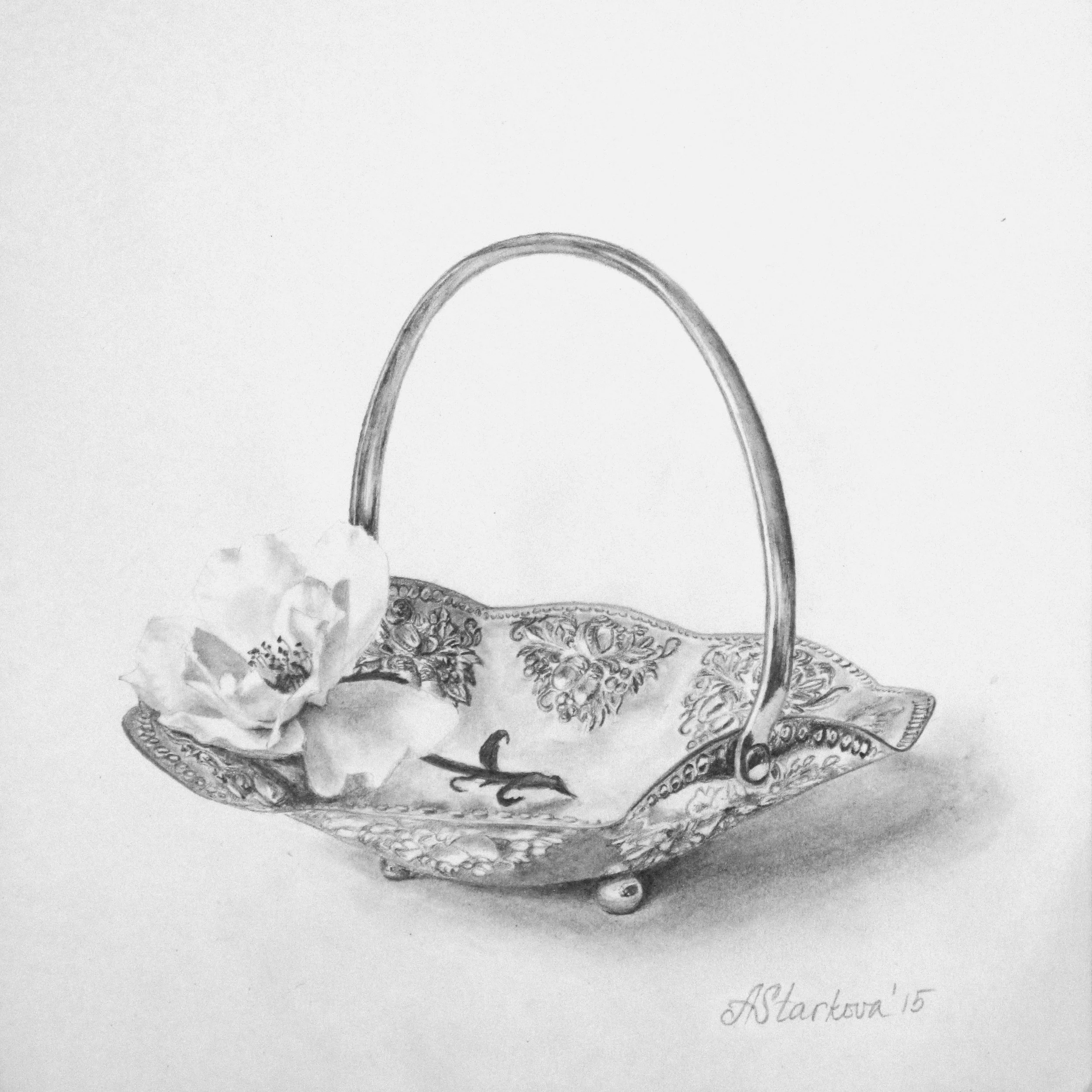 A black and white drawing of a decorative silver plate with a beautiful ornament along the edge. There is a rose on the plate