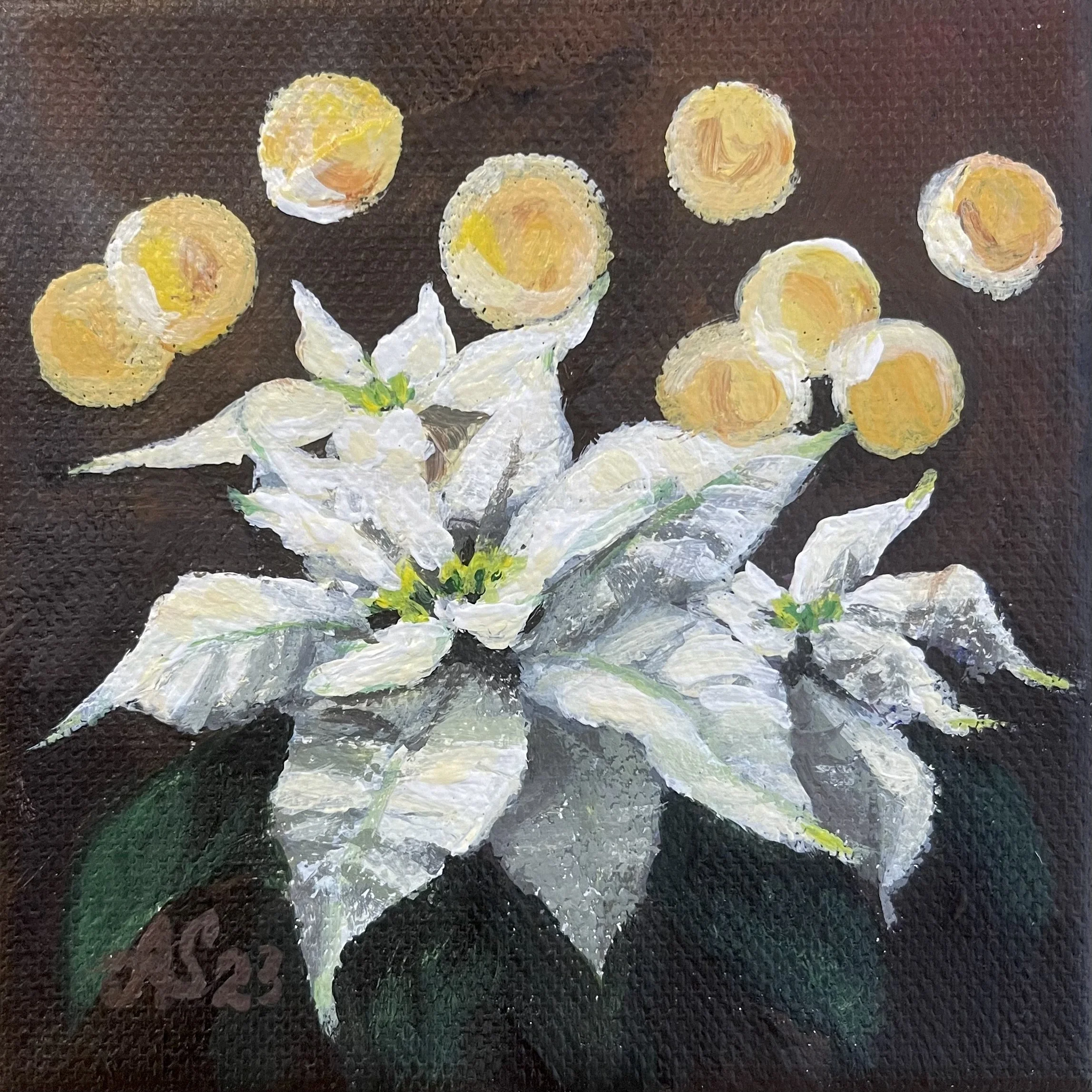 A floral still life painting featuring a poinsettia flower with white petals, with holiday lights in the dark background.