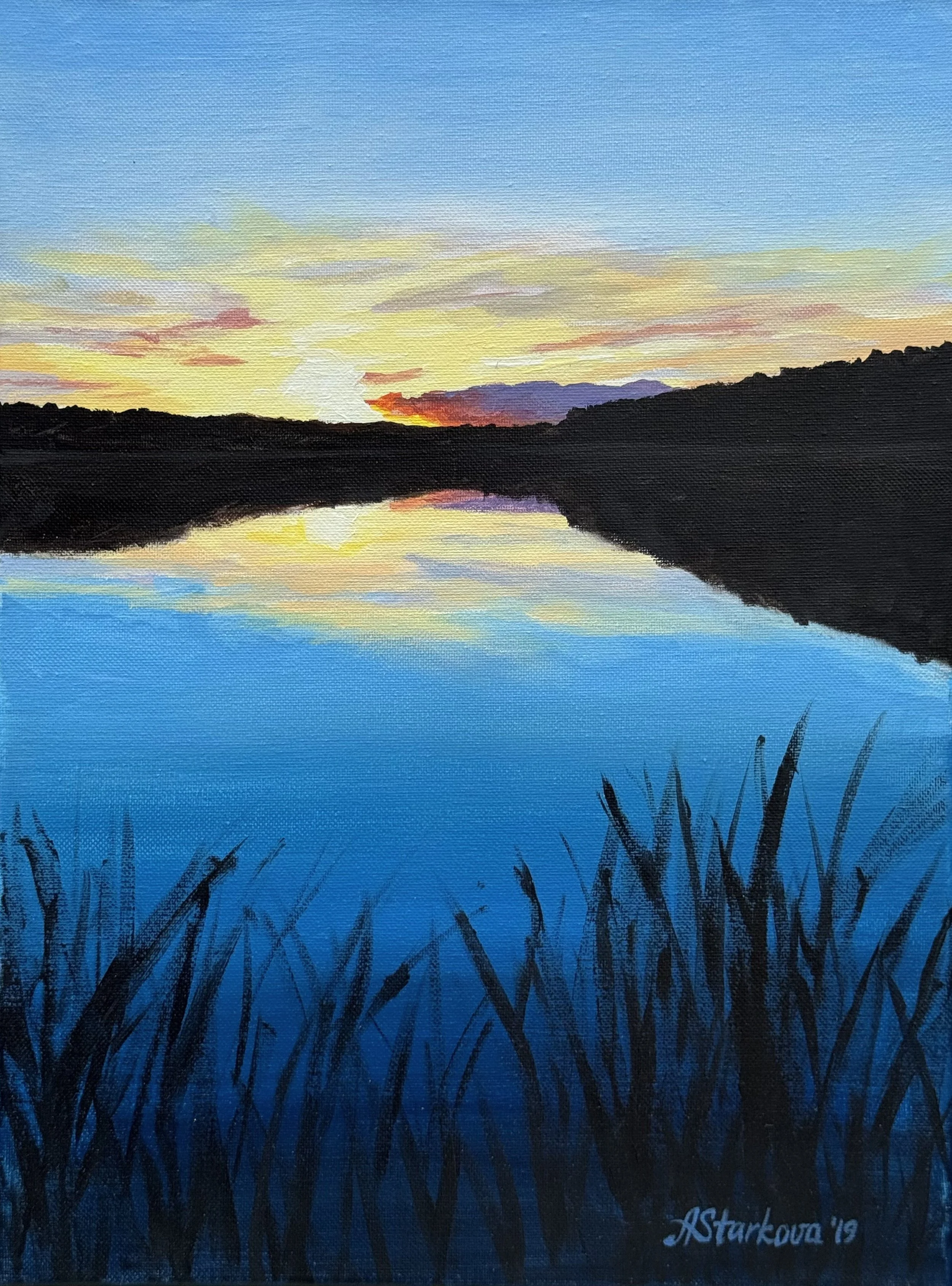 Painting of a sunset over a body of water with silhouetted grass in the foreground.