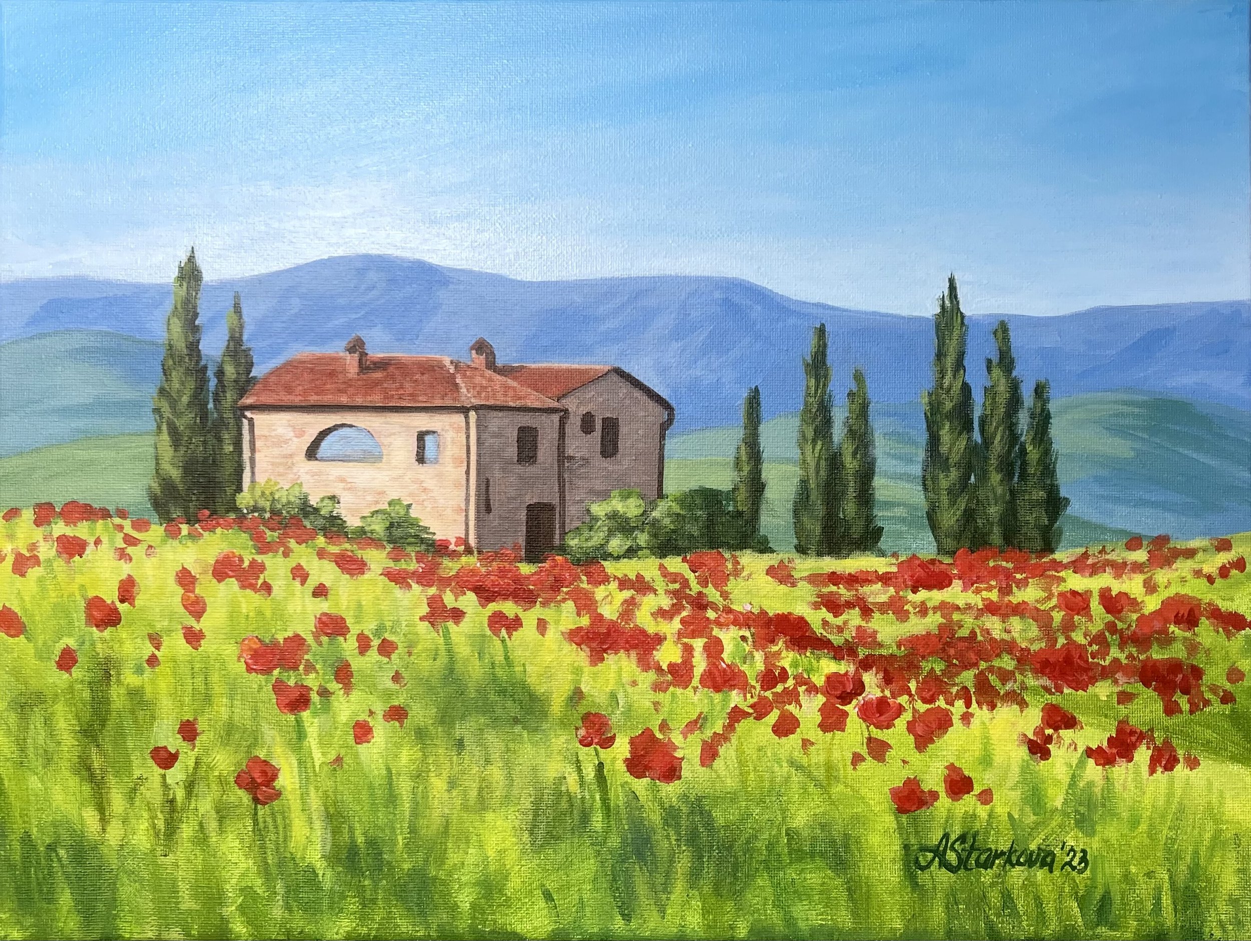 A painting of a Tuscany countryside scene with a red-roofed house, green fields with red poppies, trees, and distant mountains under a blue sky.