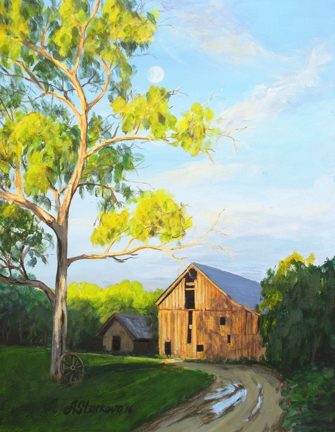 A painting of a farm scene with a large tree in the foreground and a weathered barn in the background. A dirt path curves in front of the barn, with lush green grass and trees surrounding the area. The sky is partly cloudy with the moon visible.