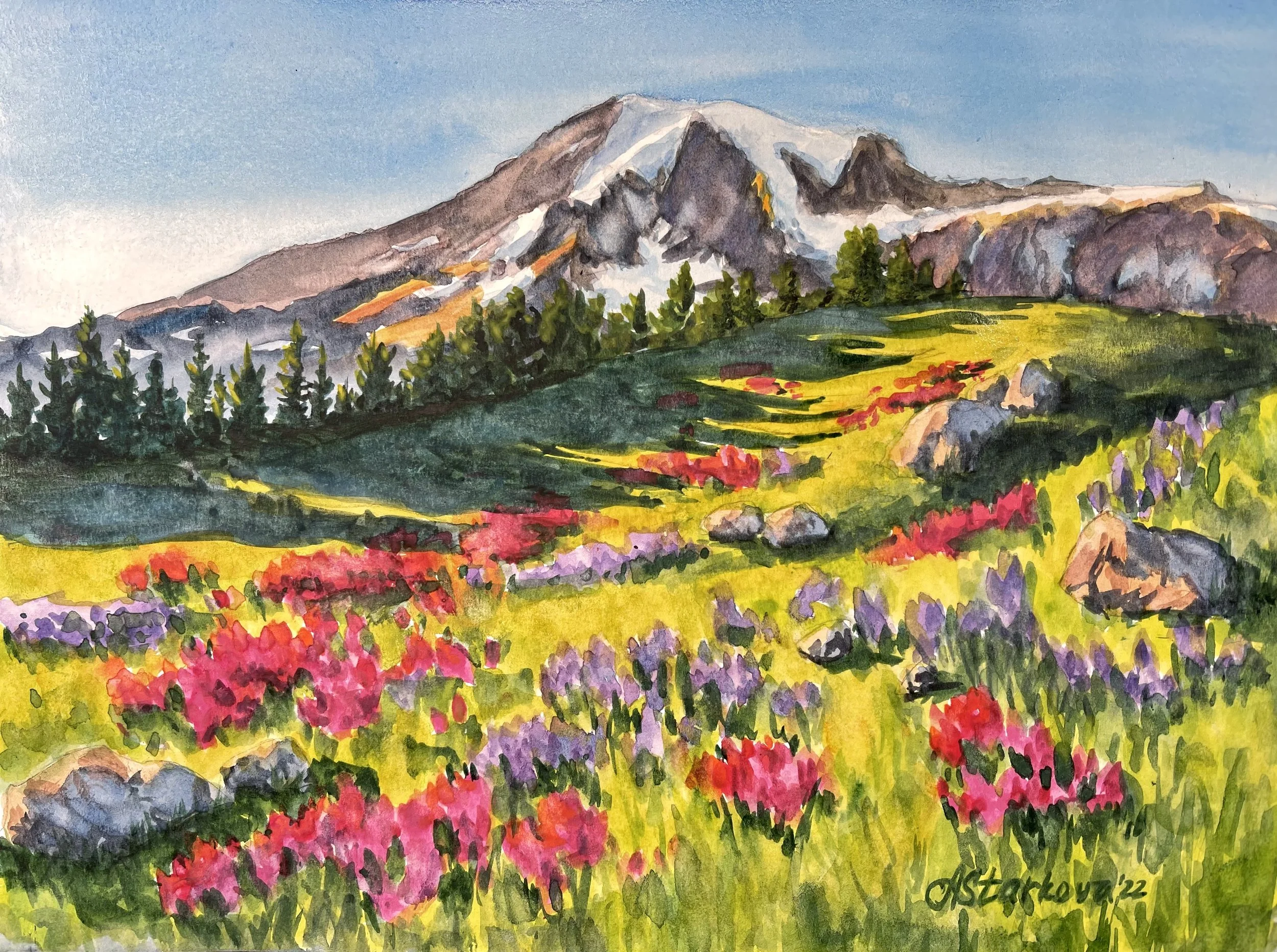 Watercolor painting of a mountain with snowy peaks, surrounded by green trees and colorful flowers in the foreground