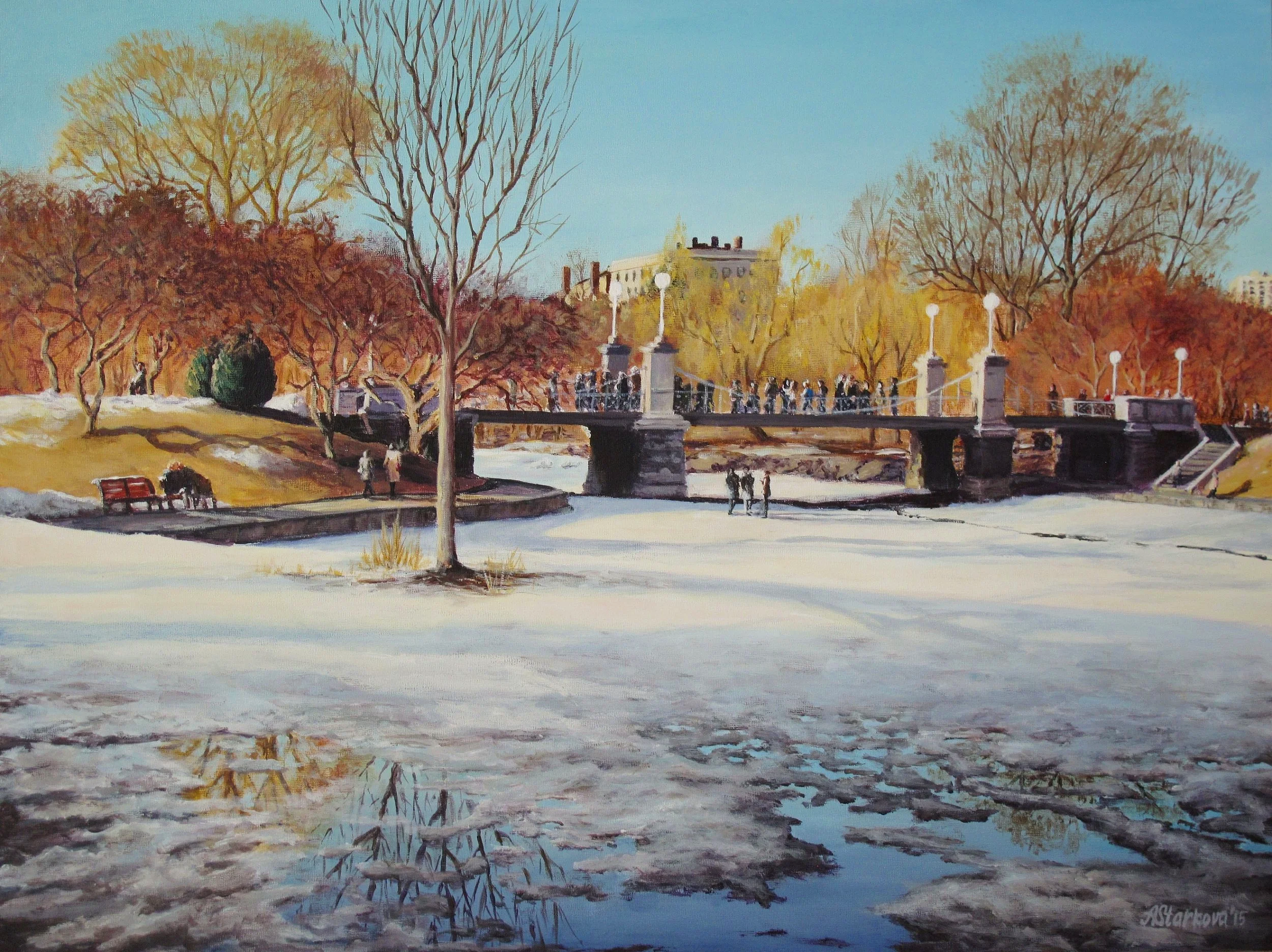 A scenic painting of Boston Public Garden park during the early Spring with bare and colorful trees, a bridge with people walking across, and Back Bay neighborhood in the background. Snow has started melting.