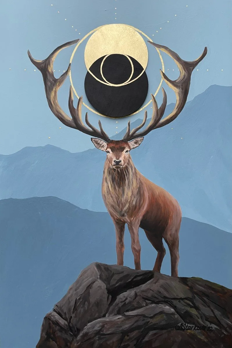 Painting of a majestic buck with large antlers, standing on a rocky surface against a mountainous background and a celestial design with gold and black circles and lines overhead which depicts vesica piscis symbol, interconnection of worlds.