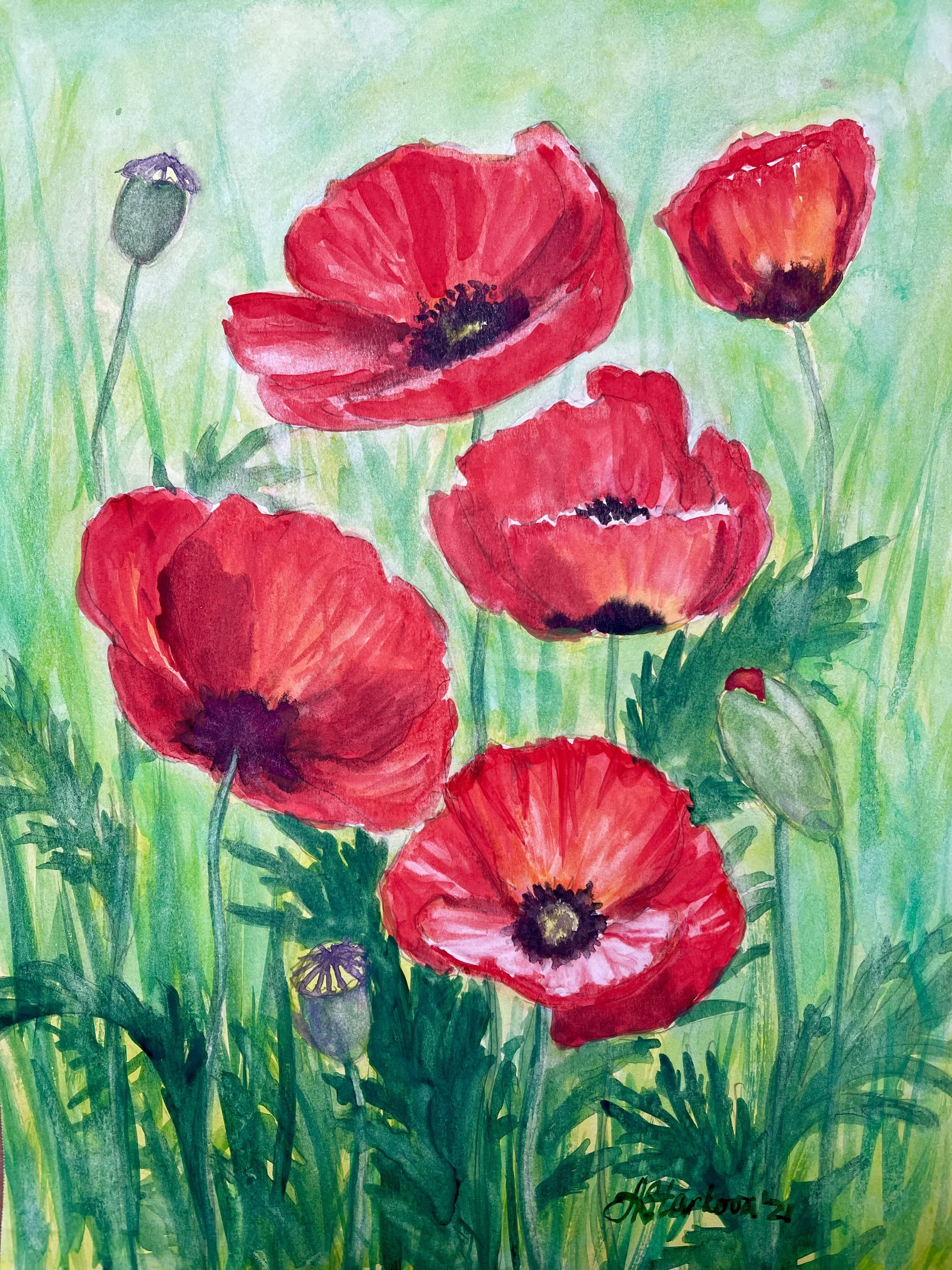 Watercolor painting of red poppies with green grass.
