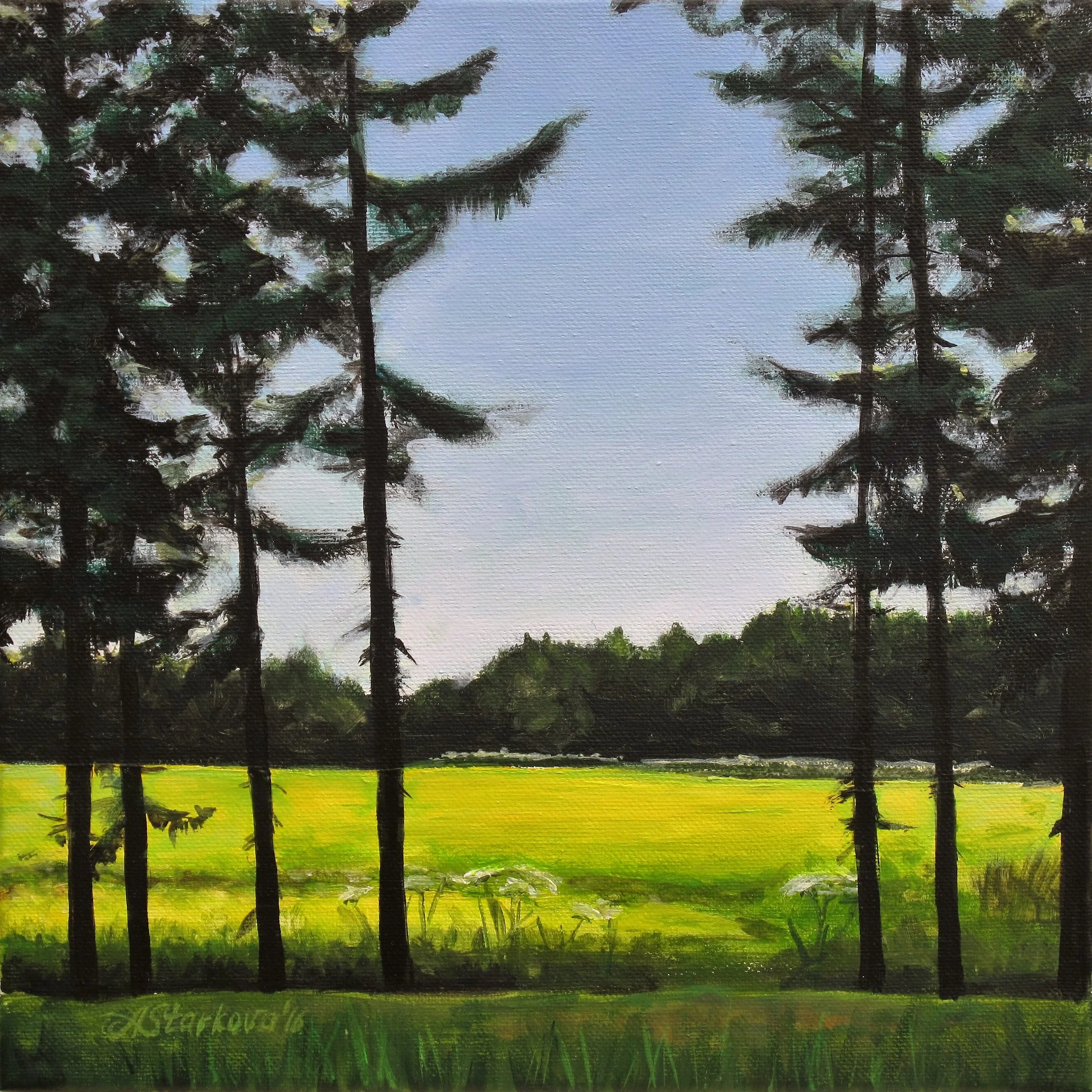 Colorful landscape painting of row of pine trees and grass field behind them.