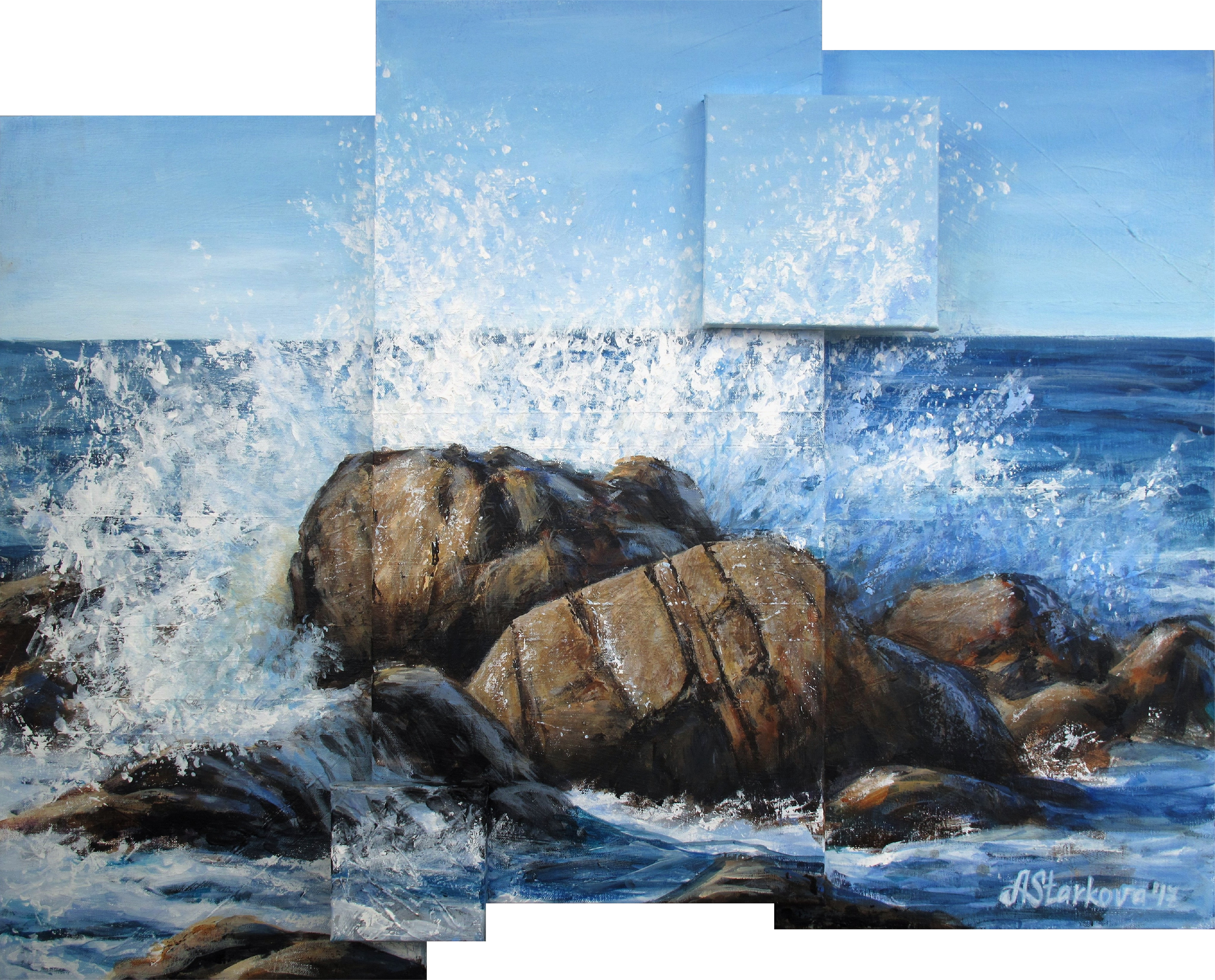 A multi-canvas painting of rocks and ocean waves crashing with a blue sky in the background.