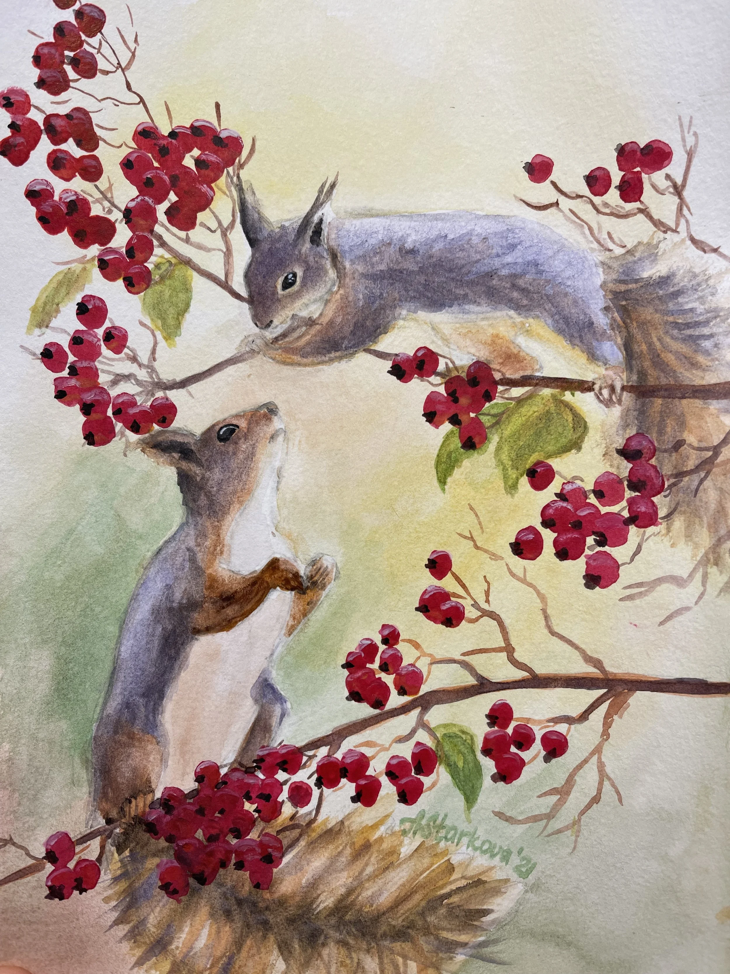 Watercolor painting of two squirrels sitting on a tree branch surrounded by red berries and green leaves.