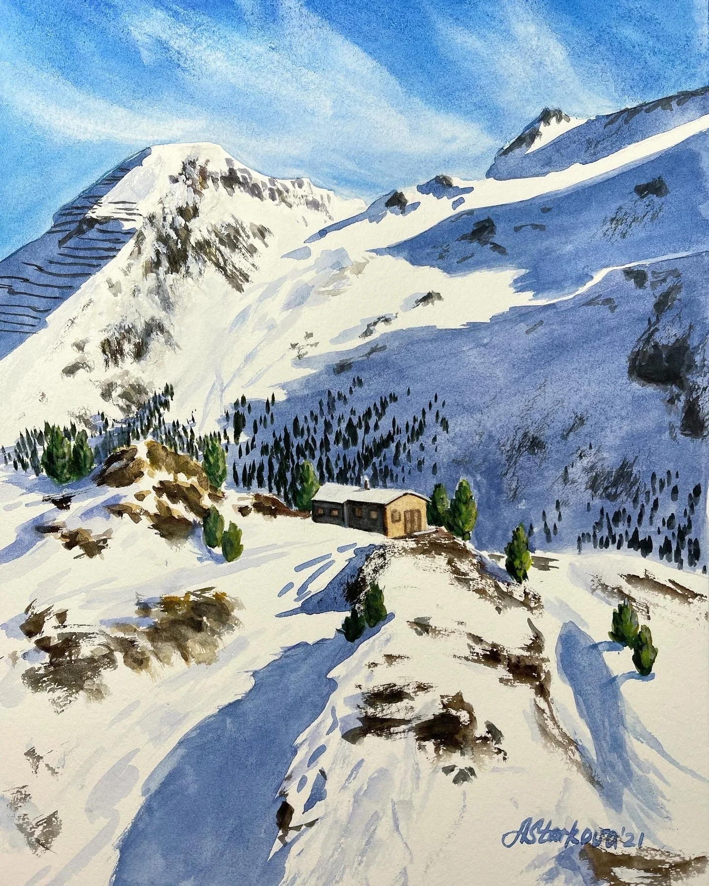 Watercolor painting of a snowy mountain landscape with a small house and scattered trees at the base, under a blue sky.