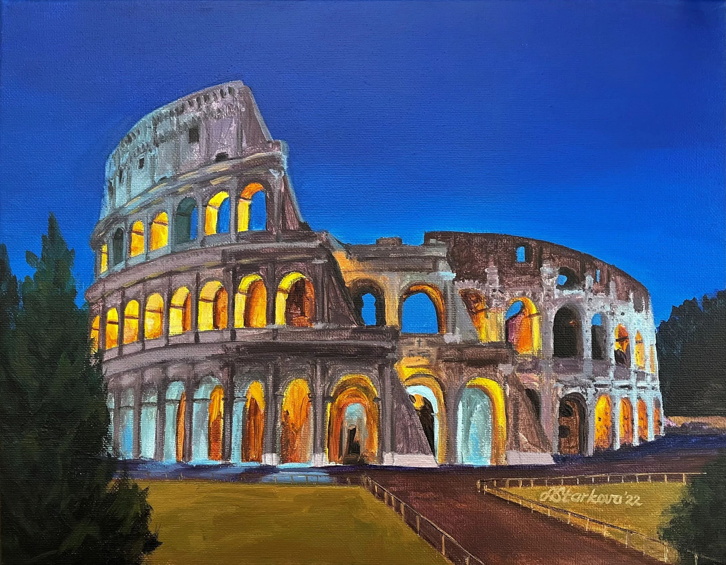 A painting of the Colosseum in Rome at dusk, illuminated with yellow lights, with trees and a pathway in the foreground, and a blue evening sky in the background.