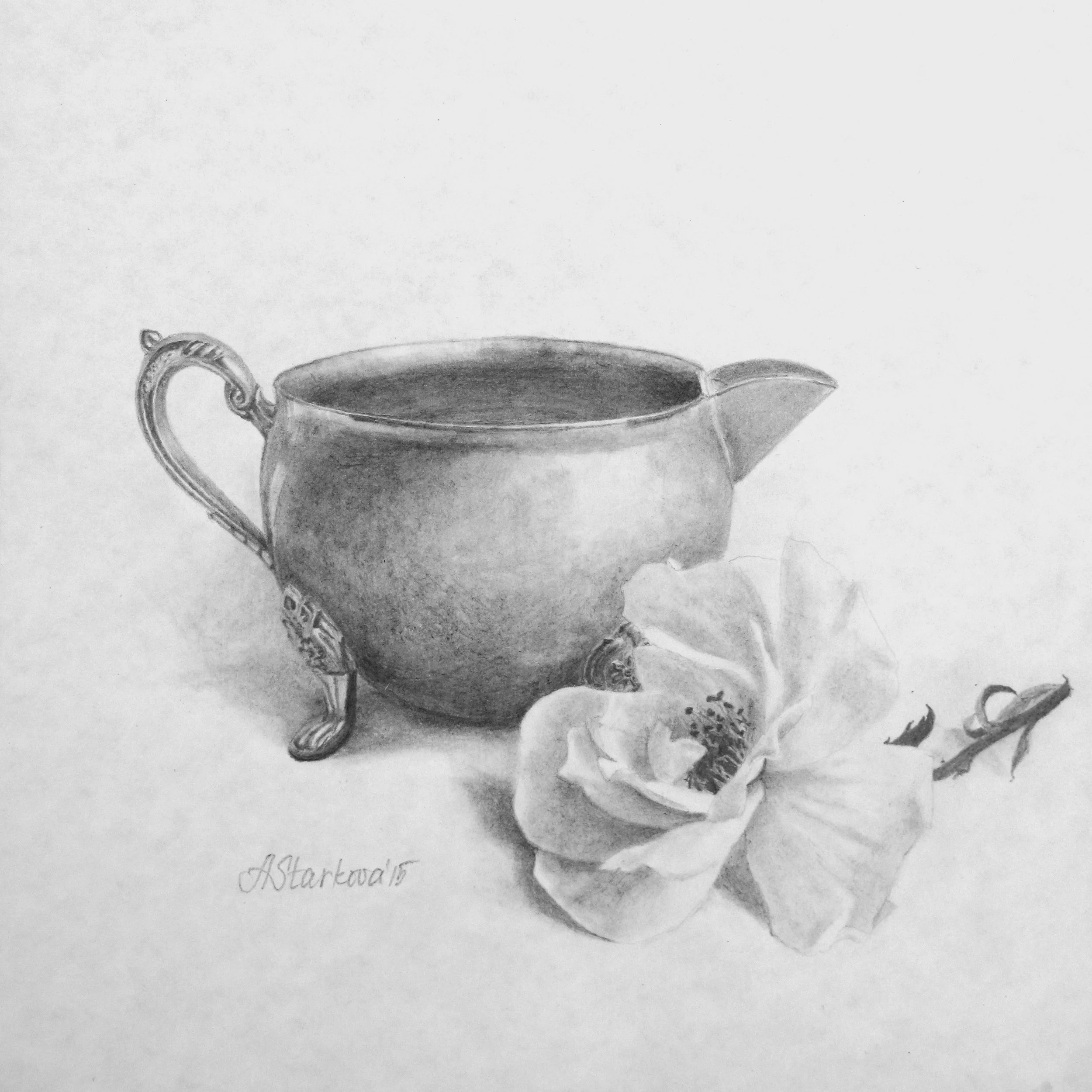 A detailed pencil sketch of a vintage silver creamer with ornate handle and spout, there is a rose in front of it.
