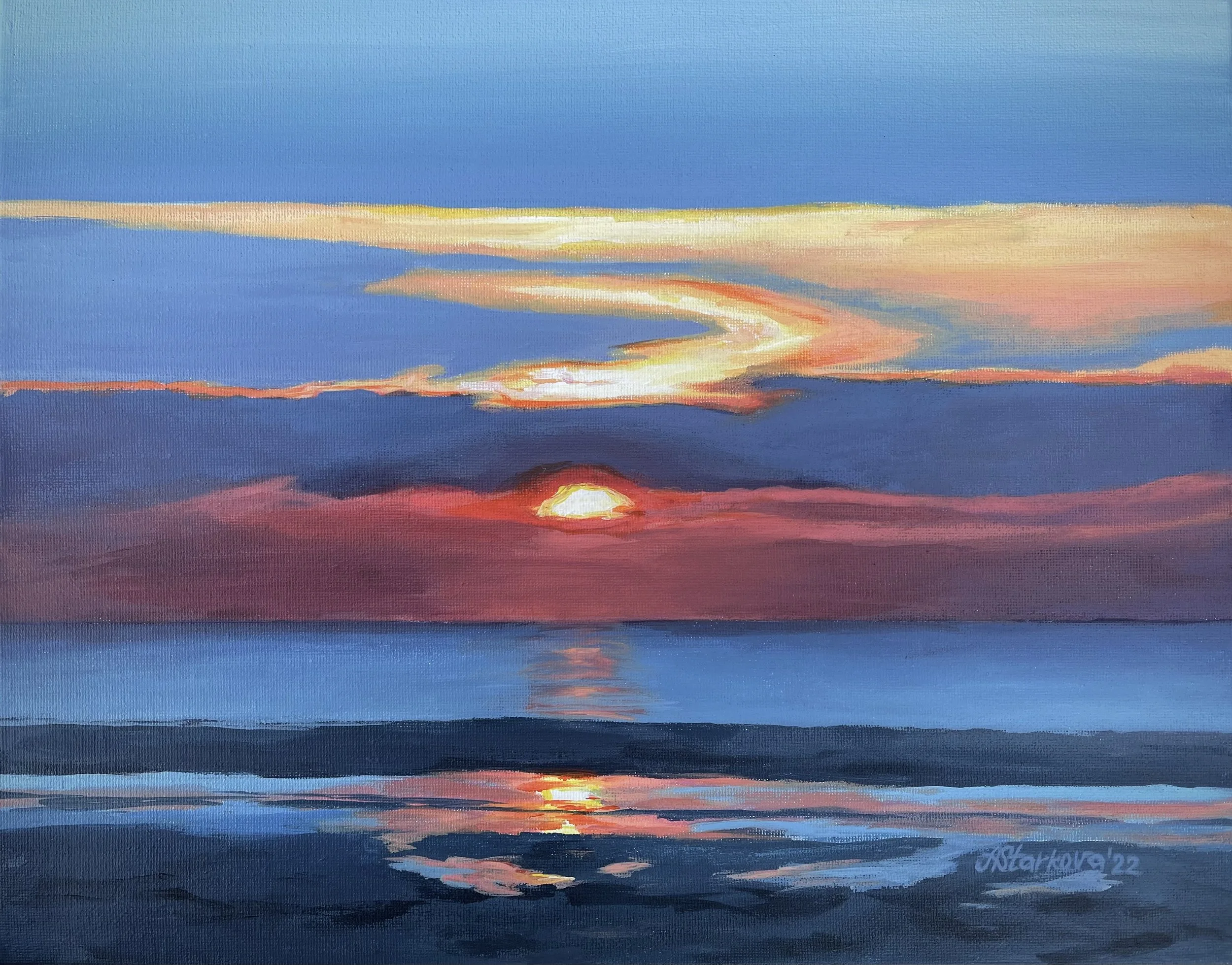 Painting of a sunset over calm water with reflections, using warm colors like orange, pink, and yellow in the sky and darker shades of blue and purple in the water. 