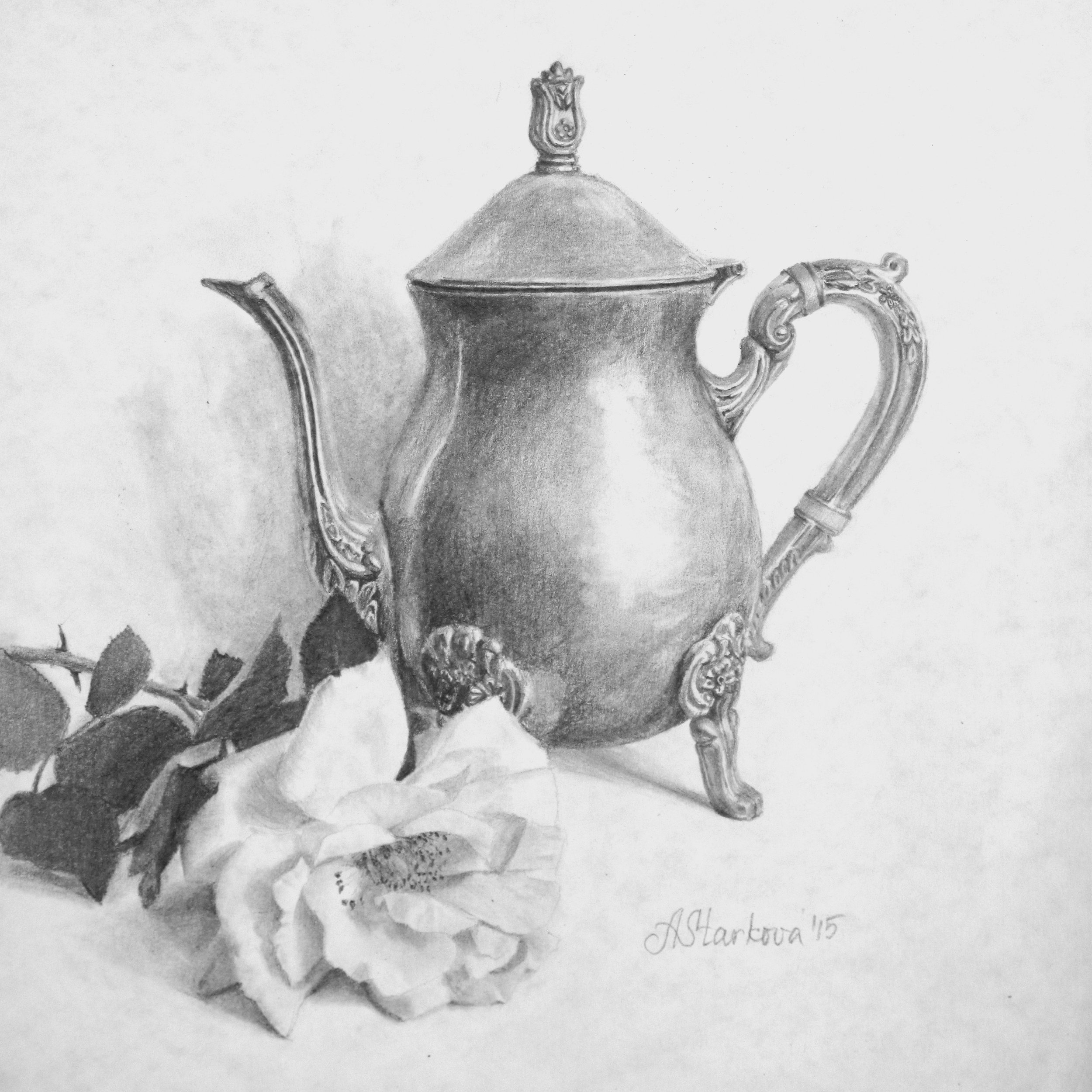 A pencil sketch of a decorative teapot with ornate handle and spout, placed near a rose.