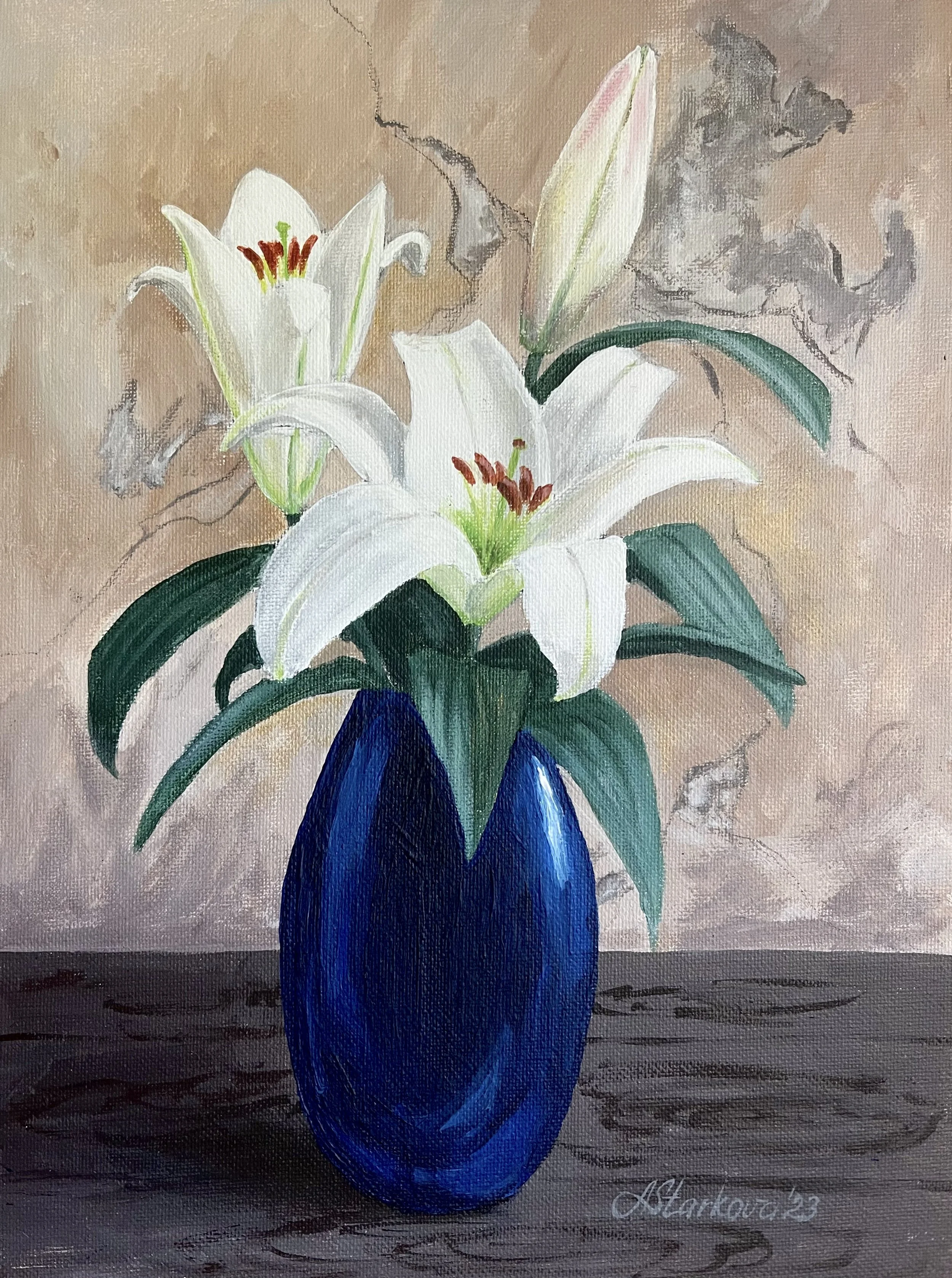 A painting of white lilies in a dark blue vase on a brown background.