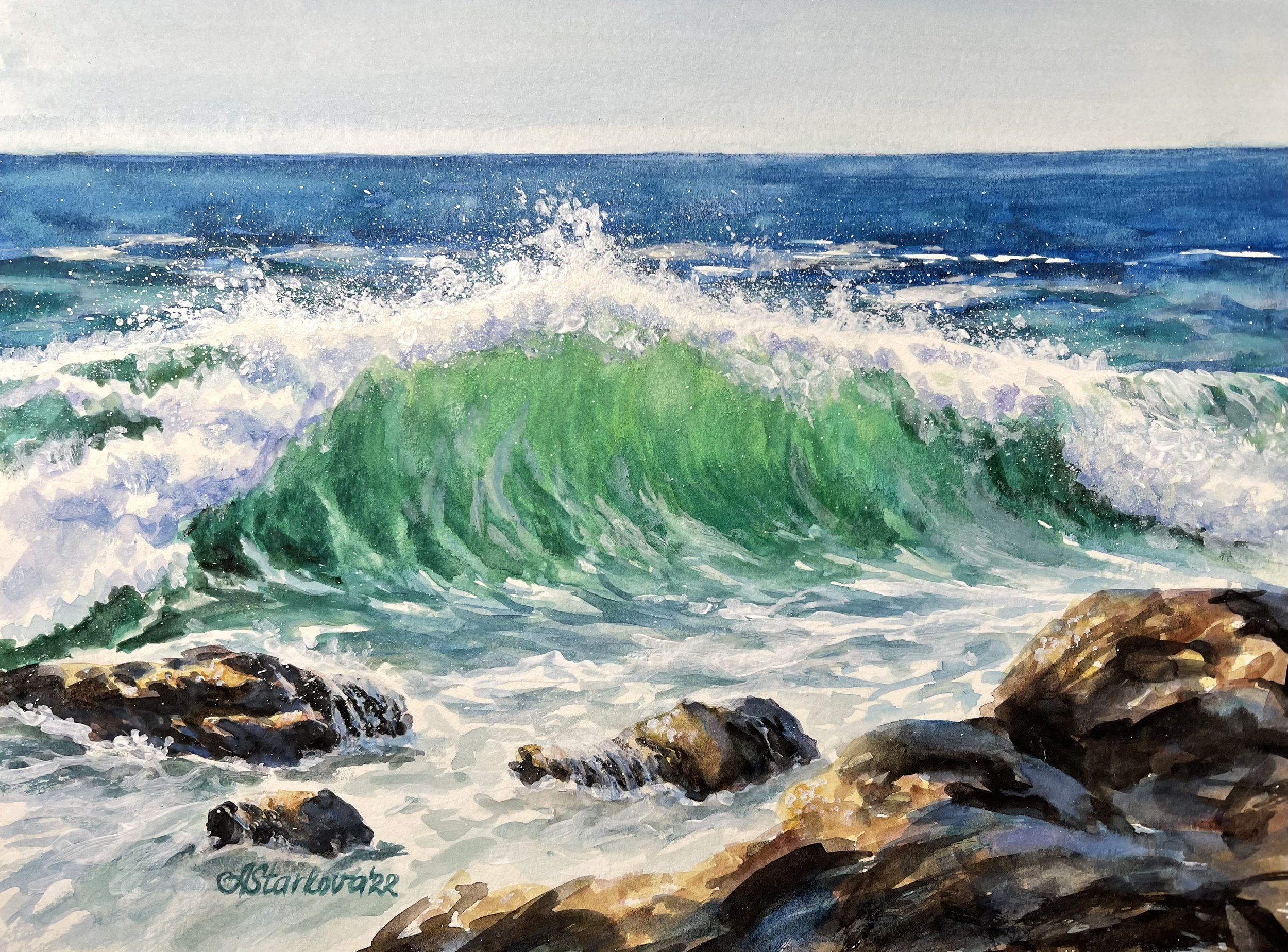 Watercolor painting of crashing ocean waves against rocks along a shoreline under a cloudy sky.